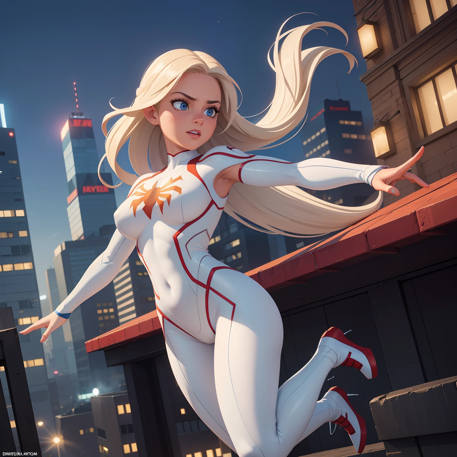 (Masterpiece), (Best Quality), (Ultra Detailed, Hyperrealistic, High Definition CG Drawing: 1.2), City in the Sky, Female Spider-Man Aerial High Speed Shuttle, Tights Clothes, Chest Prominence, White Clothes, Dynamic Angles and Postures, Blue Eyes, (Silver Hair: (1.3: Precise Detailing))