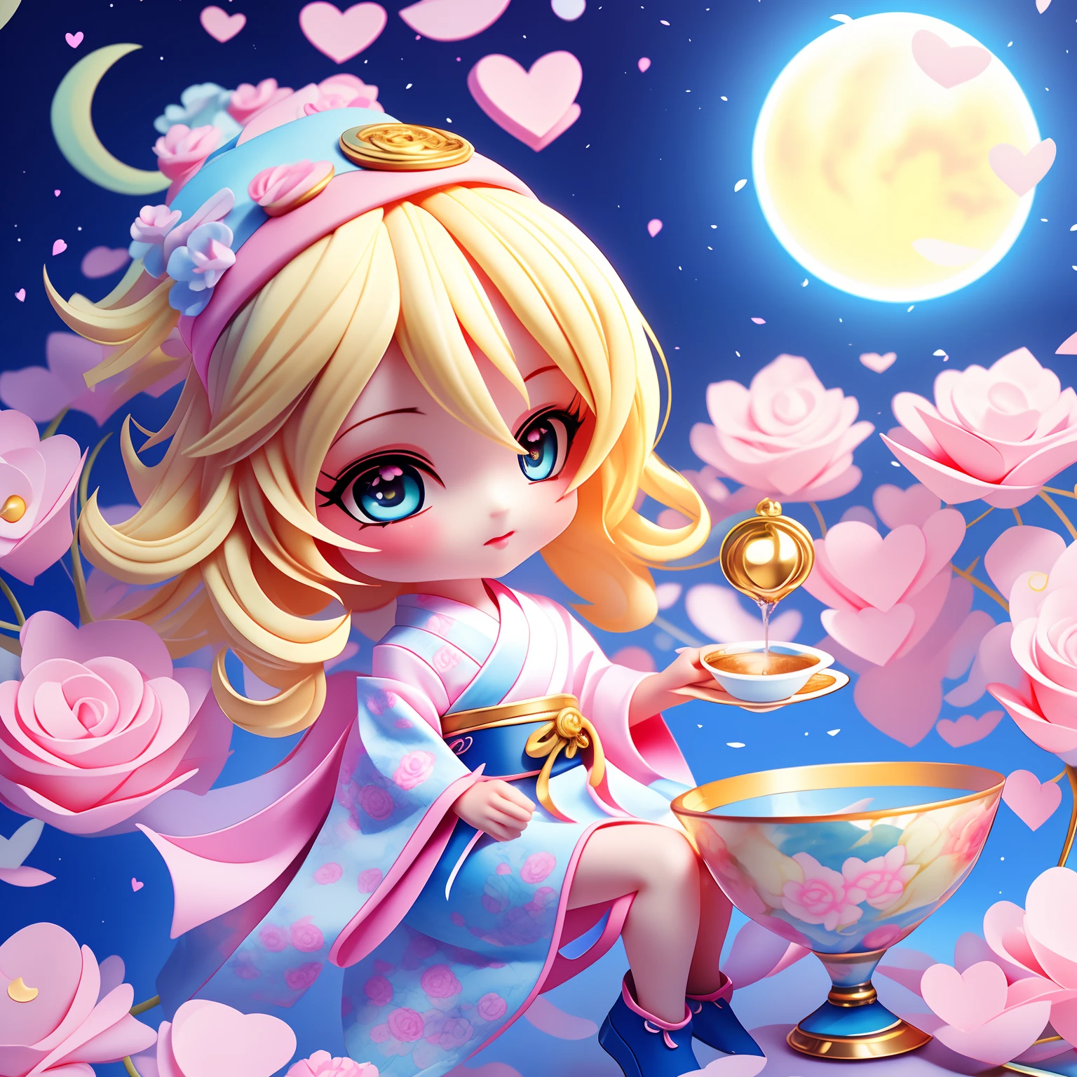 Lindo dark magician girl chibi:1 Drinking tea, piel Blanca. Ojos verdes, labios rosados, blond hair and long:2 hasta los pies, luna, 4k, Usa kimono azul y rosa:3 volando, levitando, Magic Circle. Corazones e su alrededor.