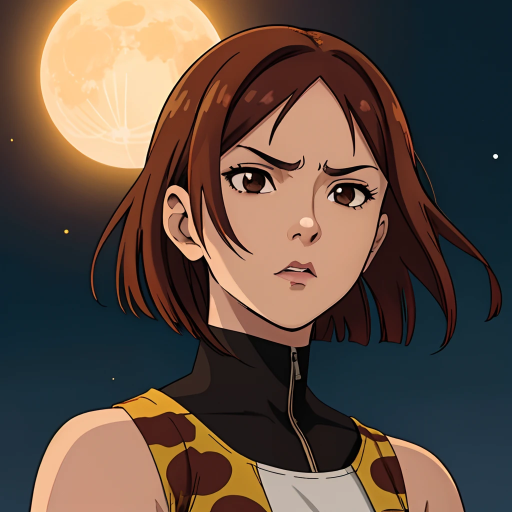 Chestnut woman, cabello corto, brown eyes, lunar en abajo de la boca, Jujutsu Kaisen, eclipse, ropa animal print, cejas arqueadas, serious expression, chica pesada