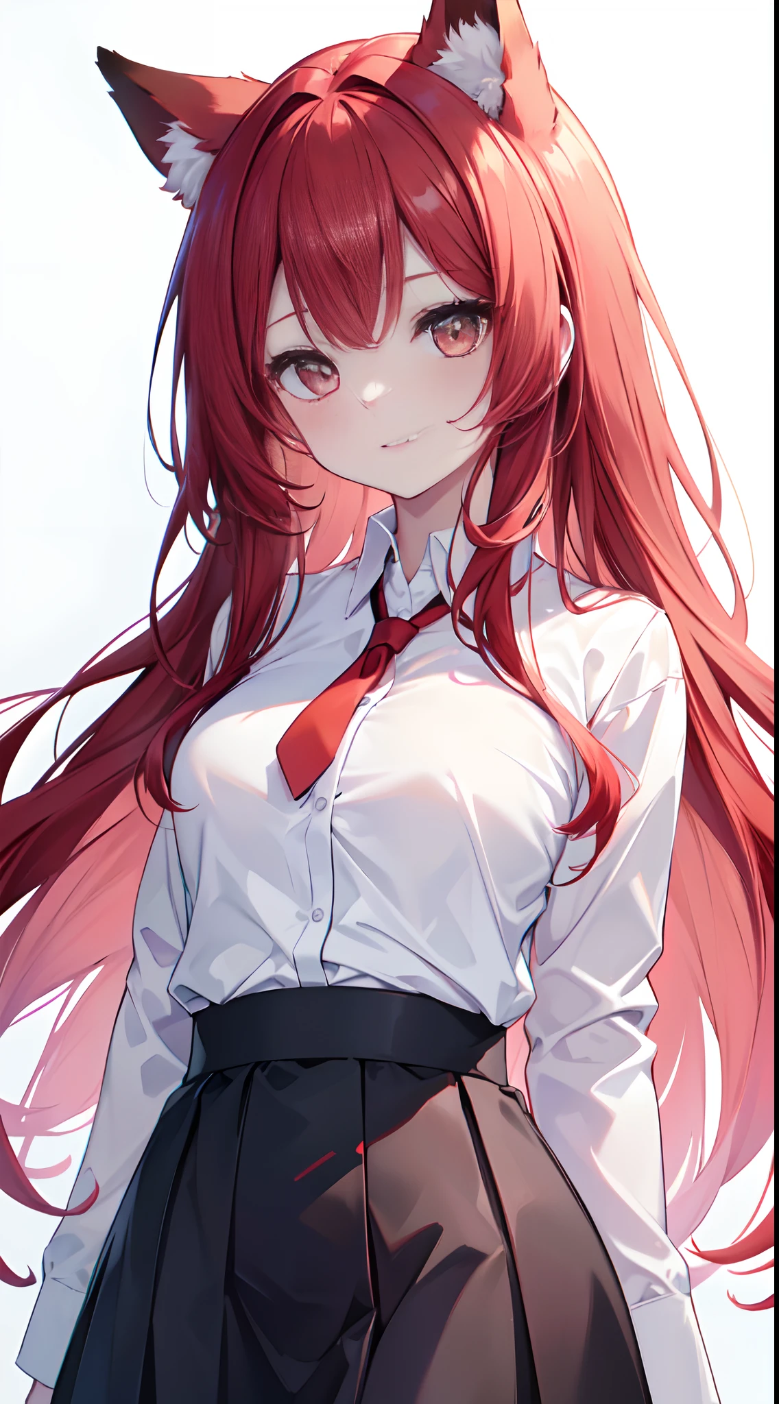 (masterpiece, best quality, bloom, warm soft light, modern, hi-tech), 1girl and 1boy, kabedon pov, (empty white background:1.4), black skirt, white shirt, beautiful detailed face, red hair, fox ears, (detailed ruby eyes), happy, young