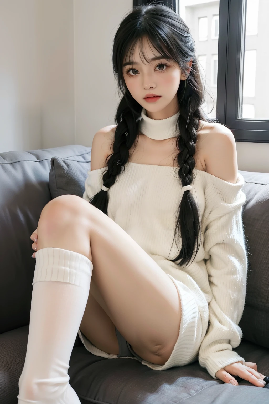 1girl in,Sitting on a cozy sofa,cross one's legs,Soft light,knee high socks,White high socks at thigh height、White inner color for black hair、piercings、half up、Braiding、drooping bangs、Cute、