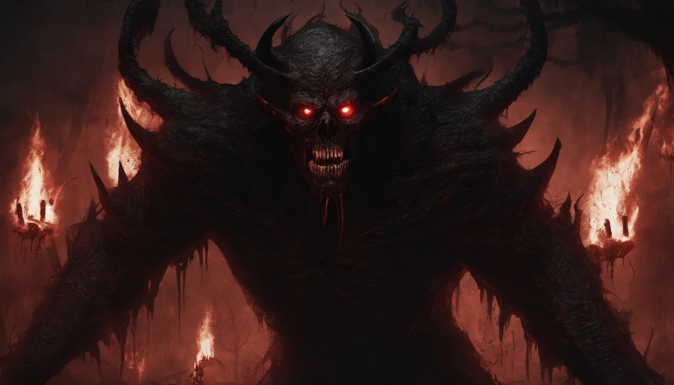 Frontal face of a demon, ultra detailed, glowing eyes, red eyes, blood, best quality, flames in the background, masterpiece, monster art, trending on Artstation.