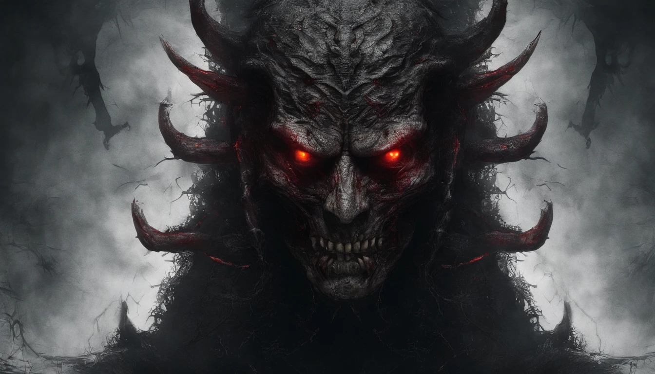 Frontal face of a demon, ultra detailed, glowing eyes, red eyes, blood, best quality, flames in the background, masterpiece, monster art, trending on Artstation.