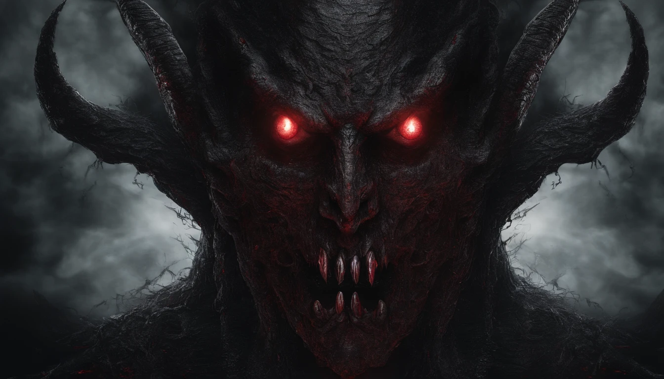 Frontal face of a demon, ultra detailed, glowing eyes, red eyes, blood, best quality, flames in the background, masterpiece, monster art, trending on Artstation.