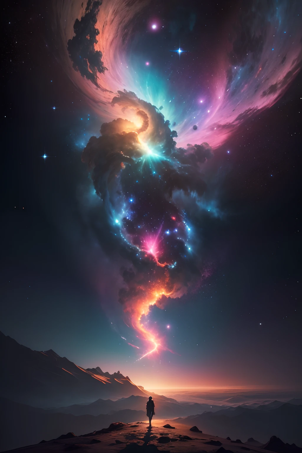 Journey through a mesmerize and colouful nebula, swirling clouds of gas and durst lit by nearby stars, photorealistic, 4K, -neg "no planets"