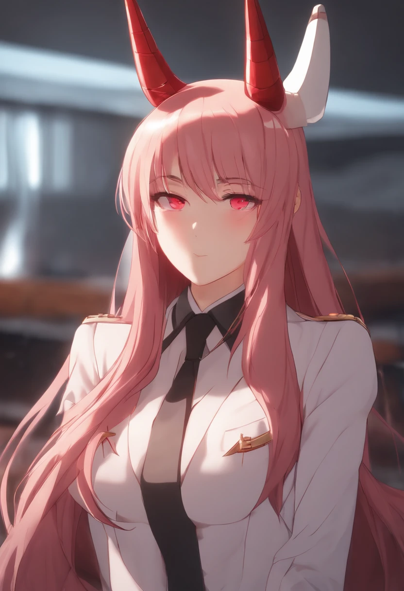 zero two, room, cute pose, blushing, shiny eyes, dim lighting, big ass, mature face, angry cute face, body face forward, curvy, perfect face, red horns, hands behind her back, wearing a suit