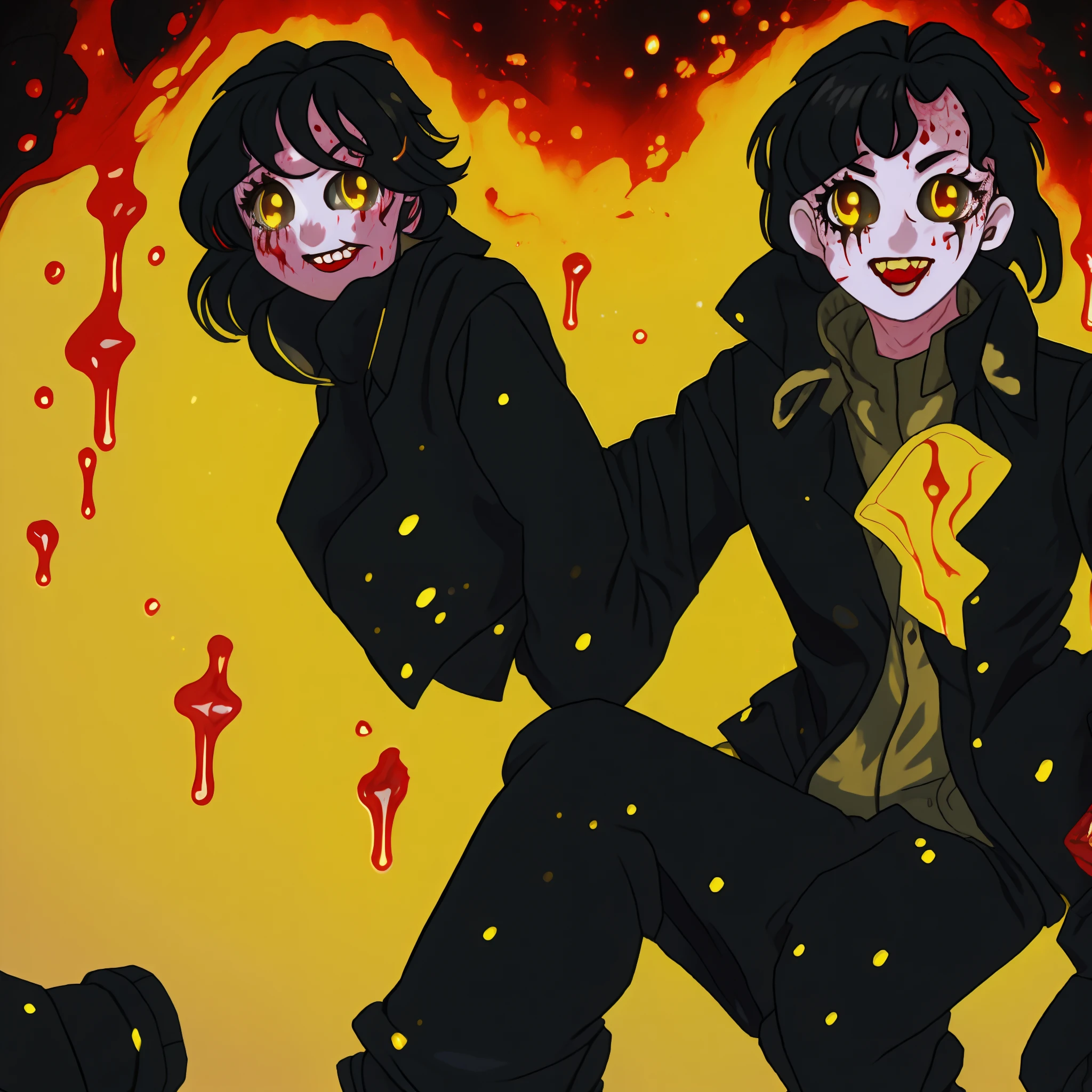 female, black long hair covering face, evil glowing yellow and black eyes, evil smile as blood drips from it, pale skin, black blood covered trench coat, black pants, black bloody boots (bloody background) (good quality)