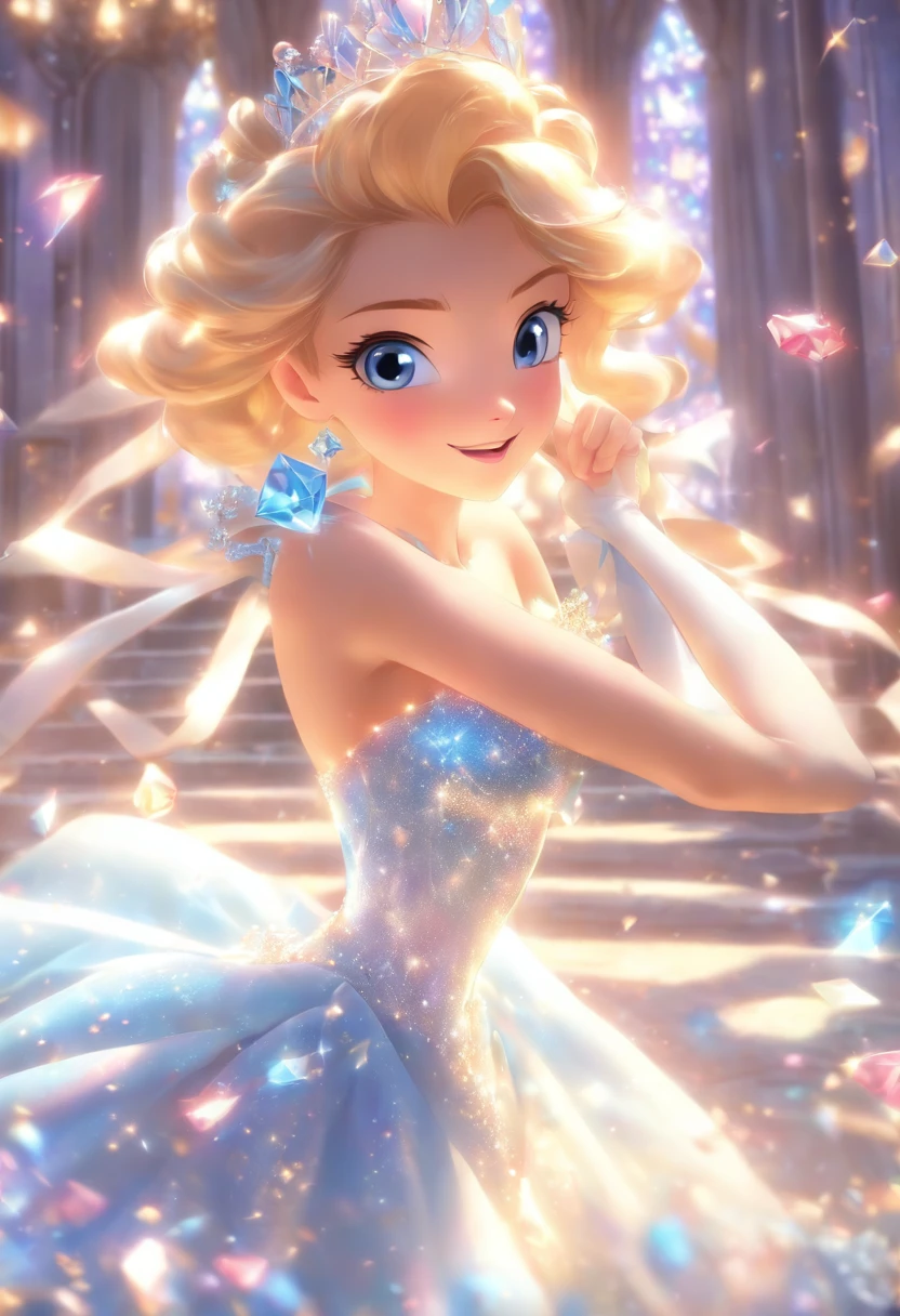 foreshortening, depth of fields, Super Beautiful Cute Girl High Quality, Best Quality, Photorealistic CG, jewel dress light blue like cinderella like disney diamond tiara gorgeous decoration glitter big ribbon girl blonde blue eyes high quality masterpiece best quality beautiful detailed glow ultra detailed ultra high res beautiful fluffy long hair dancing 8K resolution best light dynamic lighting shiny skin detailed skin Round Eyes Glassy Eyes Inside the castle Diamond Palace of jewels Very beautiful Light shines in A lot of roses ulutra detailed beautiful detailed glow Balcony Composition is dynamic colorful refraction depth