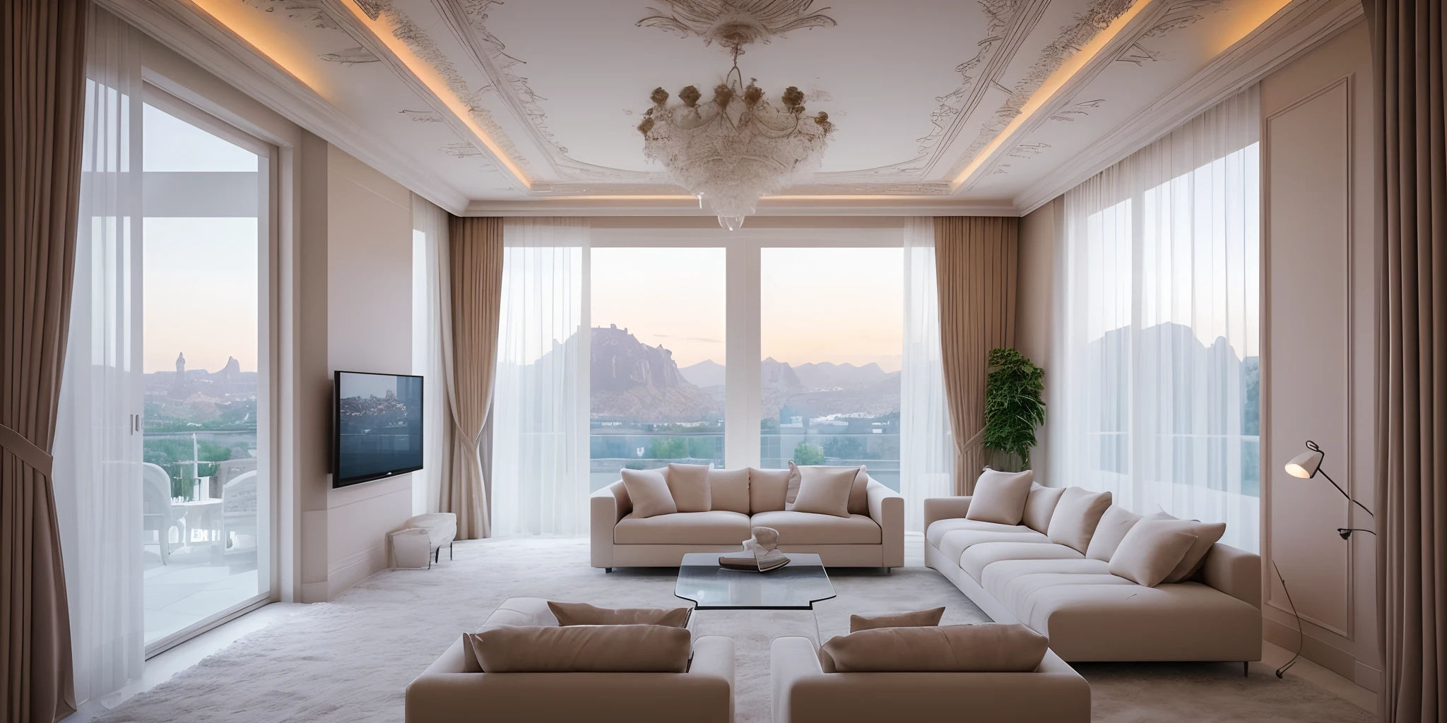 living room with a huge fluffy couches, high glass window,  grey square carpet, marble on floor, serene and peaceful style, elegant and refined concept, sublime-comfy-elegant ambiance, stunning render, ornate and elegant, detailed neoclassical style, designed for cozy aesthetics, dramatic lights, golden hour light, sunset afternoon, high details, vray render, real, tv on the left wall, colorful