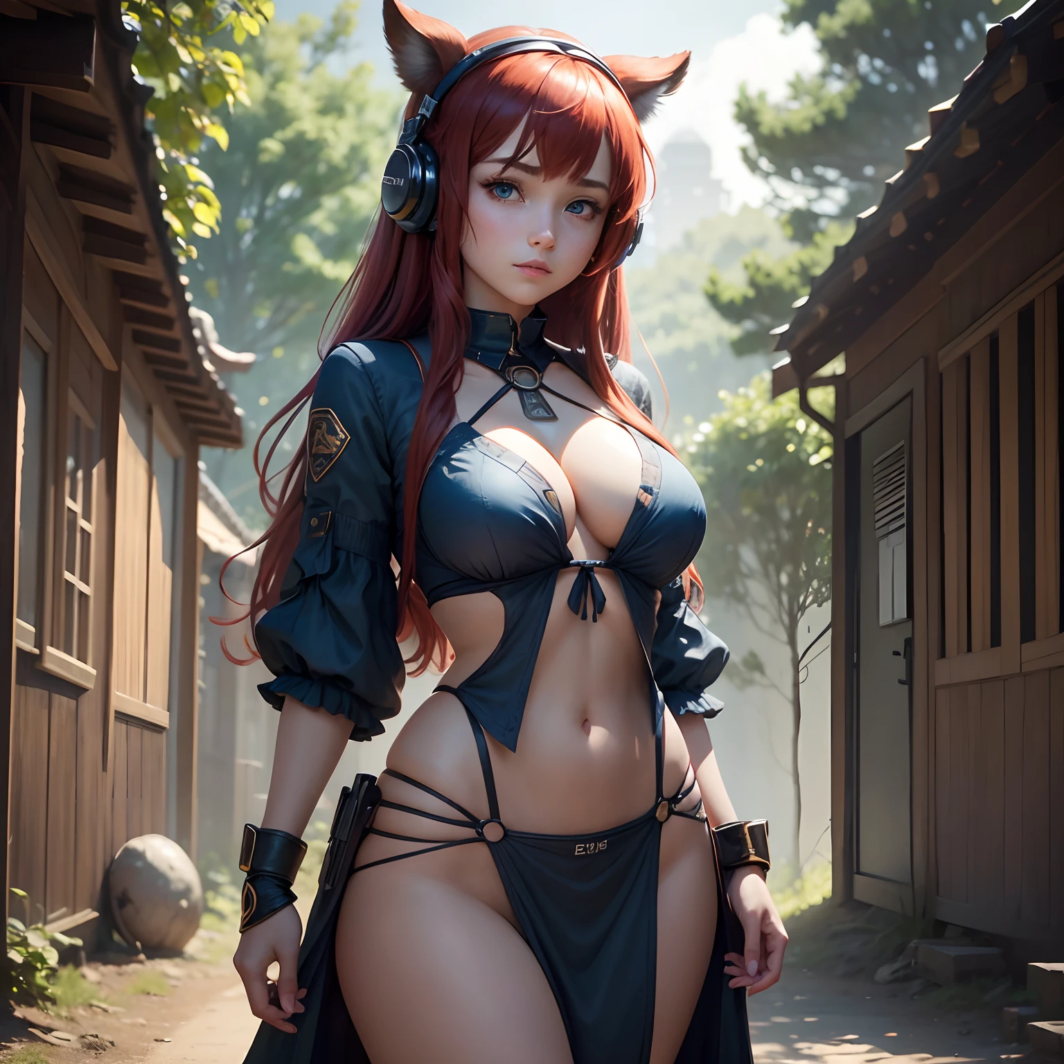 8k, masterpiece, best quality, realistic, higly detailed, cowboy shot, 1girl, solo, miku, emotionless looking girl, medium-length red hair, strands of hair hanging over the right side of her face, a set of wireless headphones that have a triangle-shaped logo on the ear cups around her neck, dark blue eyes, average height, well-endowed figure, large breasts, bangs cover her right eye, Sorcerer