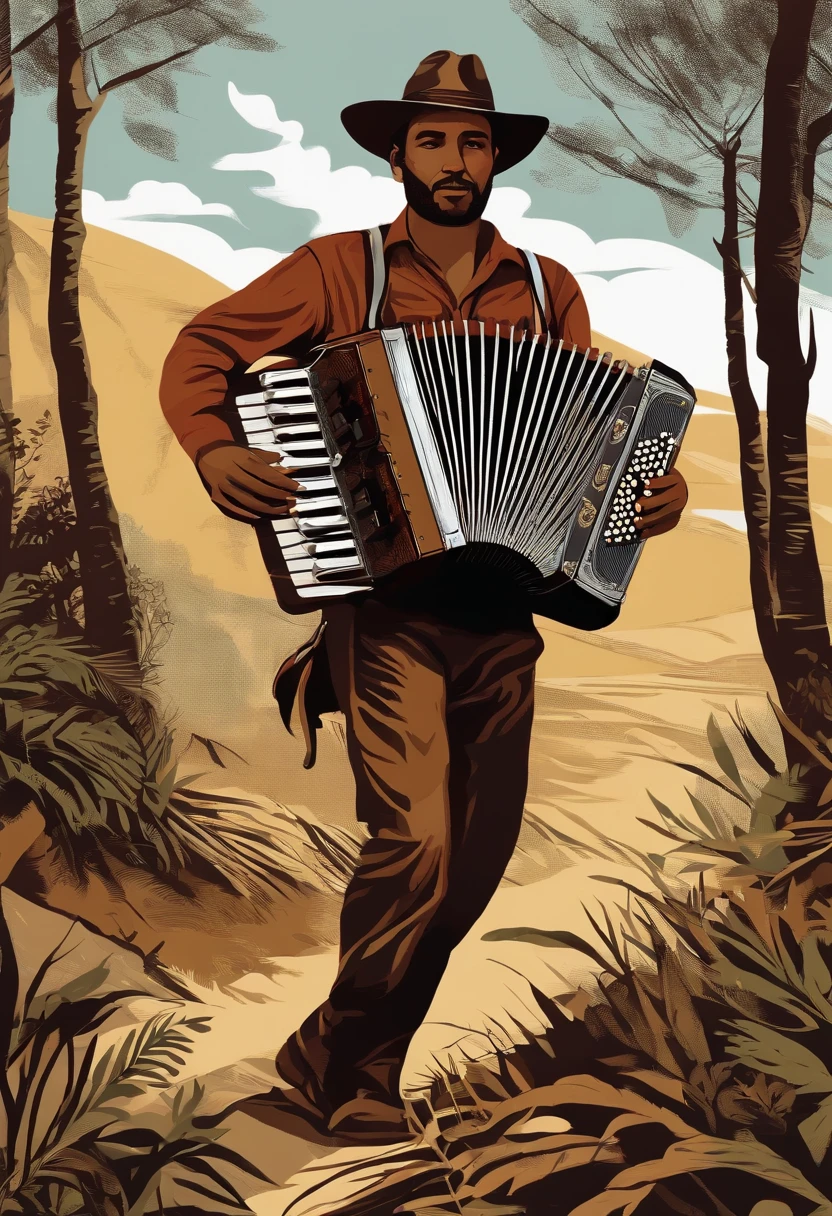 An illustration of an accordionist in the wilderness of Ceará in the style of a very rustic woodcut