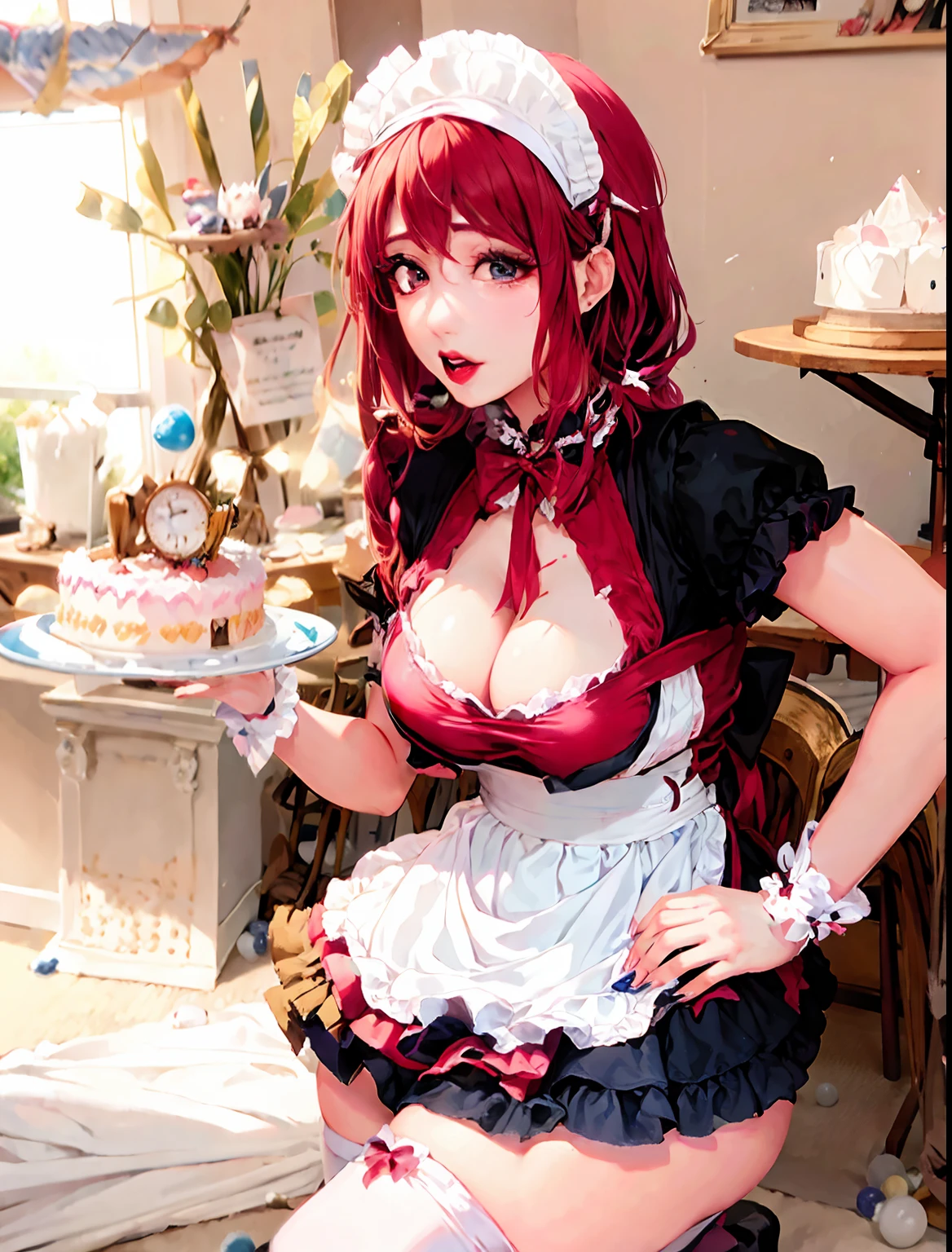 Araffe vestido com um vestido rosa e azul segurando um bolo, Anime Garota Cosplay, Cosplay,  anime em um traje de empregada, Anime Cosplay, linda Delphine, Amouranth, Cosplay completo, roupa de empregada, gorgeous maid, Loli, lay de um Gato! maid! vestir, Menina anivida real, foto Cosplay