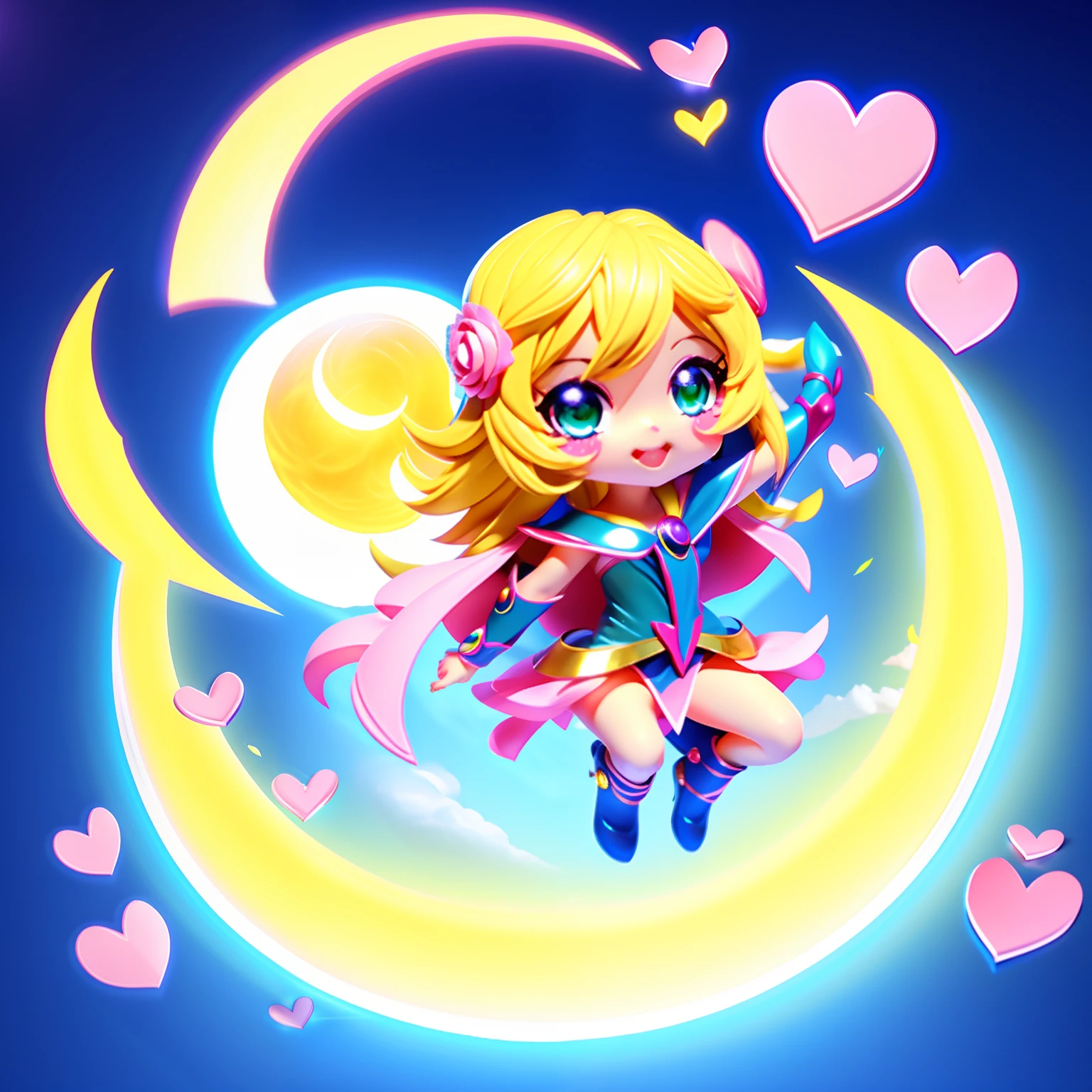 Lindo chica maga oscura chibi:1 piel blanca. ojos verdes, labios rosados, cabello rubio y largo:2 hasta los pies, luna, 4k,  volando, levitando:3 magic circle. Hearts around them magical colors:4