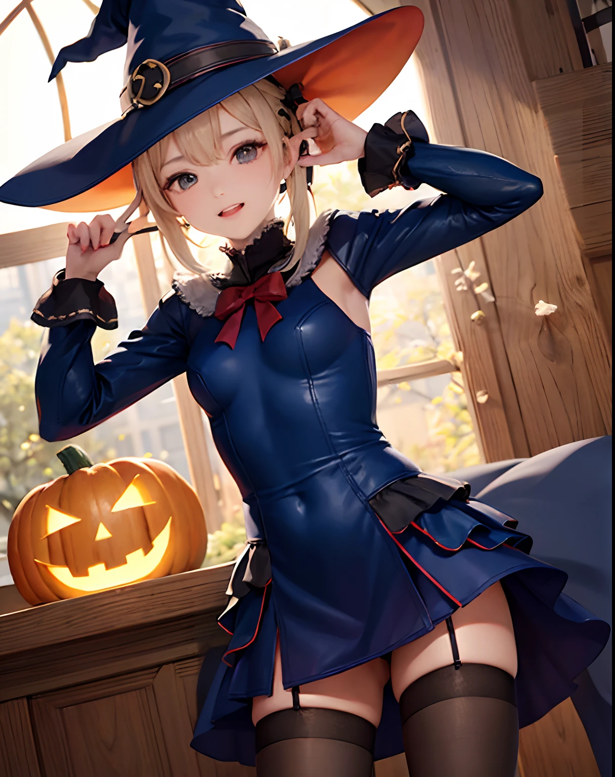 masterpiece、hiquality、1girl in、独奏、Marie Rose、cowboy shot、embarassed expression、(((witch clothing)))、((long robe))、((pantyhose))、(long boots)、natta、Pumpkin Lantern、((a miniskirt))、fullmoon