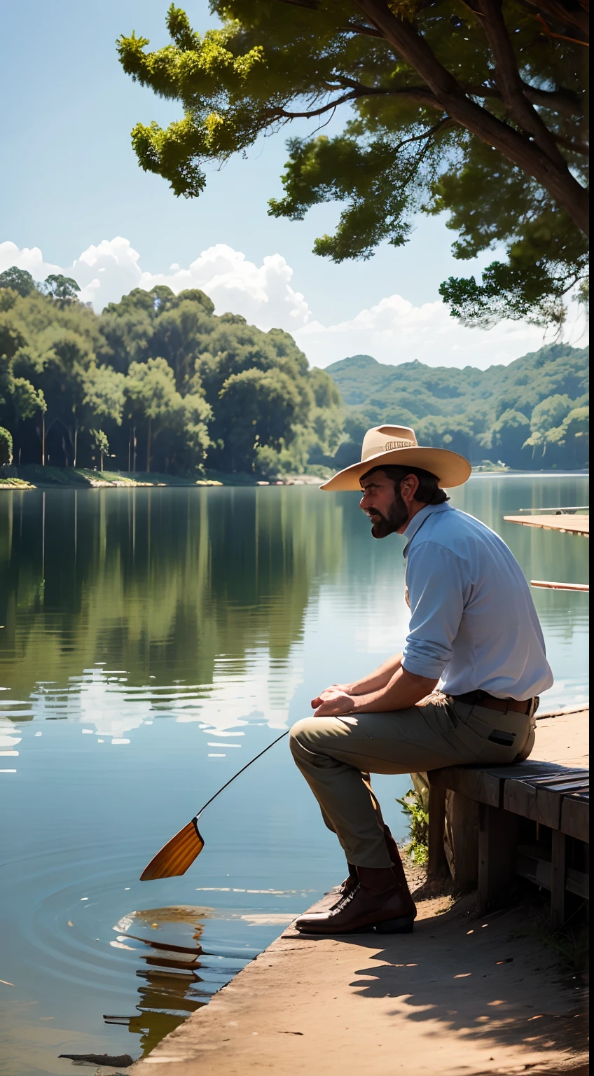 um homem cowboy pescando sentado na beira de um lago