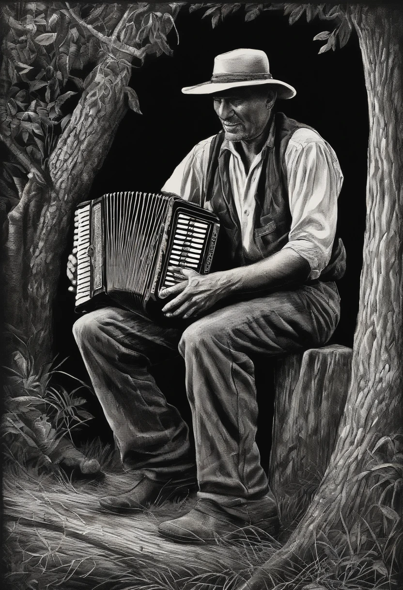 A black and white woodcut of an accordion player in the wilderness of Ceará, rustic style, hand draw, literatura de cordel