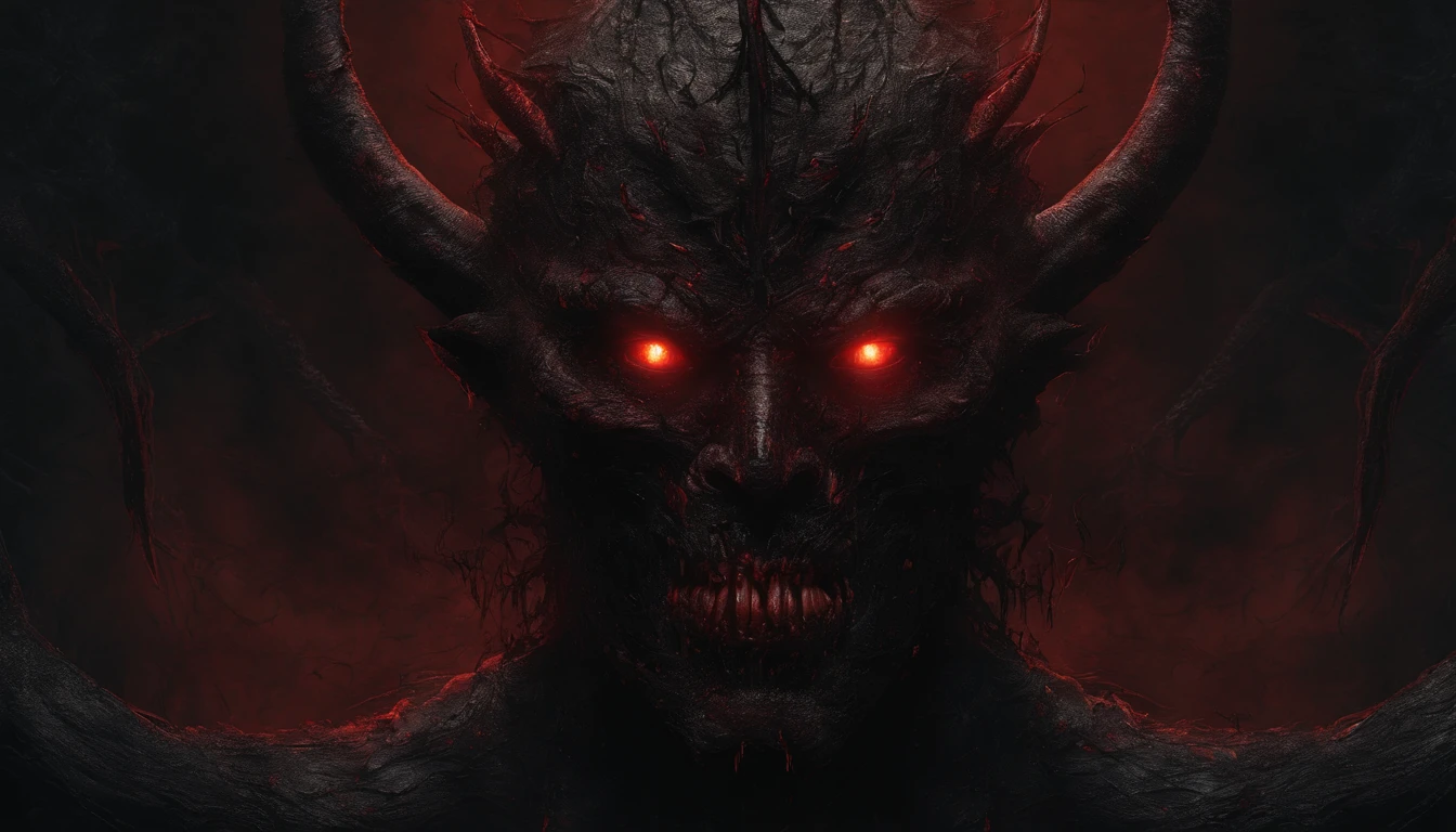 Frontal face of a demon, ultra detailed, glowing eyes, red eyes, blood, best quality, flames in the background, masterpiece, monster art, trending on Artstation.