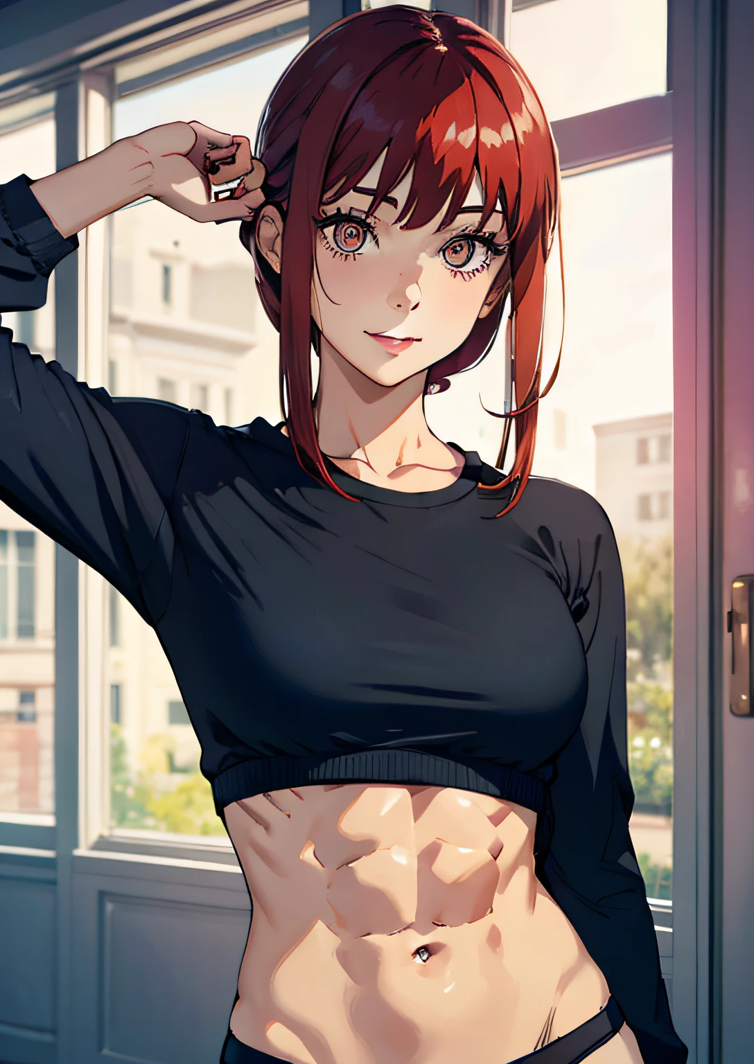 1 girl, Belleza con abdominales delgados acentuados: 1.3, (Peinado casual, Grande: 1.2), Ropa casual: 1.2, interior, Super Detail Face, ojos delicados, , senos suaves, They are smiling, escote expuesto, Pelo rojo, Cabello largo trenzado, ojos amarillos,