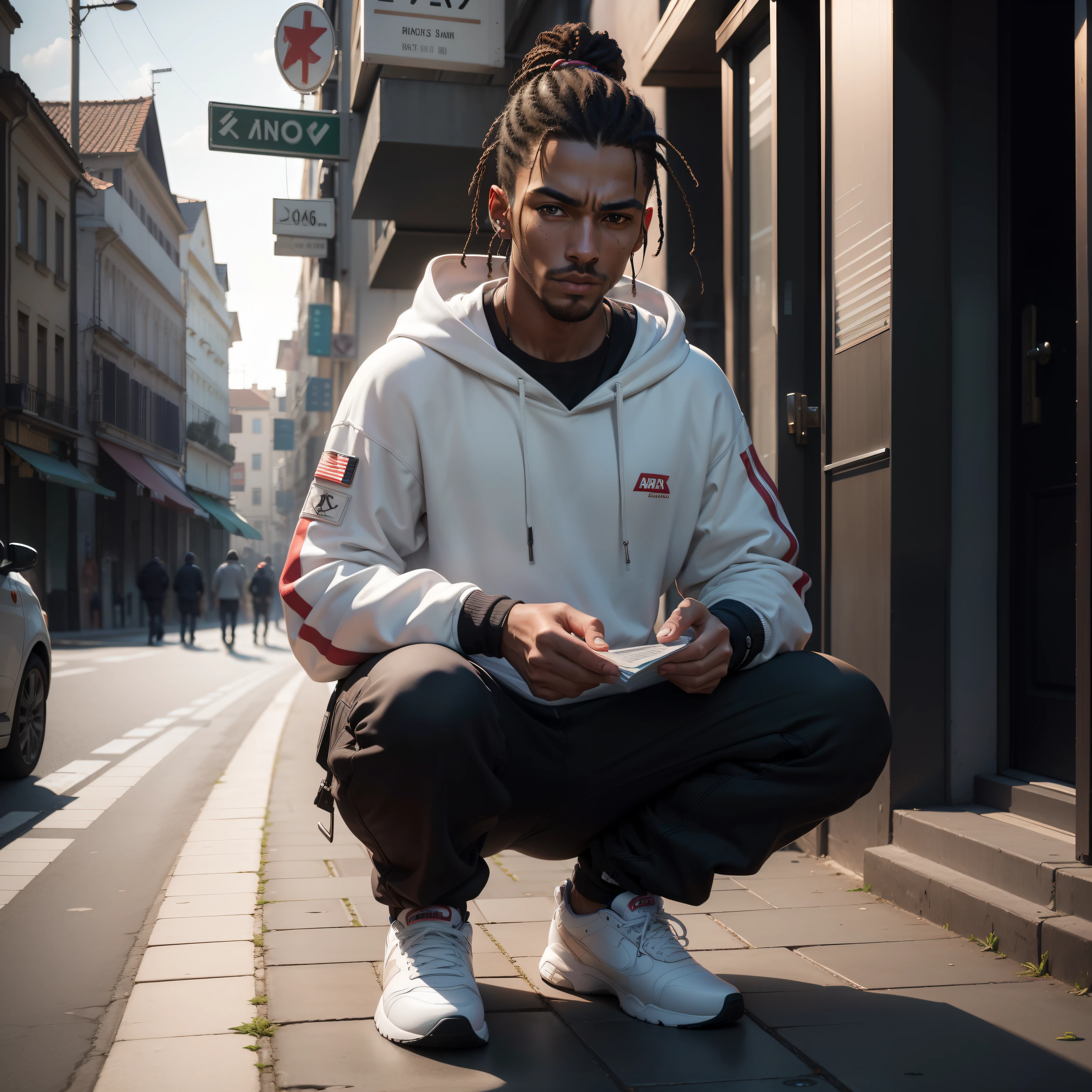 Model Man debout dans une rue, avec sweat-shirt marron, White sweatpants, White sneakers with brown stripes, Brazilian, Photo RAW, (Crazy detail of the skin), (Photorealistic skin: 1.2), Hdr, (insane detail, hyperrealism: 1.2), softlighting, (Rim Lighting: 1.3), Color Grading, focused, (High Skin Detail: 1.2), Correction des couleurs, tmasterpiece, beste-Qualit, 8k, 5D Canon, f/1.8, Norme ISO 6400, Grand angle, Hdr, fleurir, aberration chromatique, Fotorrealista, extremly detailed, Trend in the ArtStation, Trend in CG society, complexe, high details, dramatique