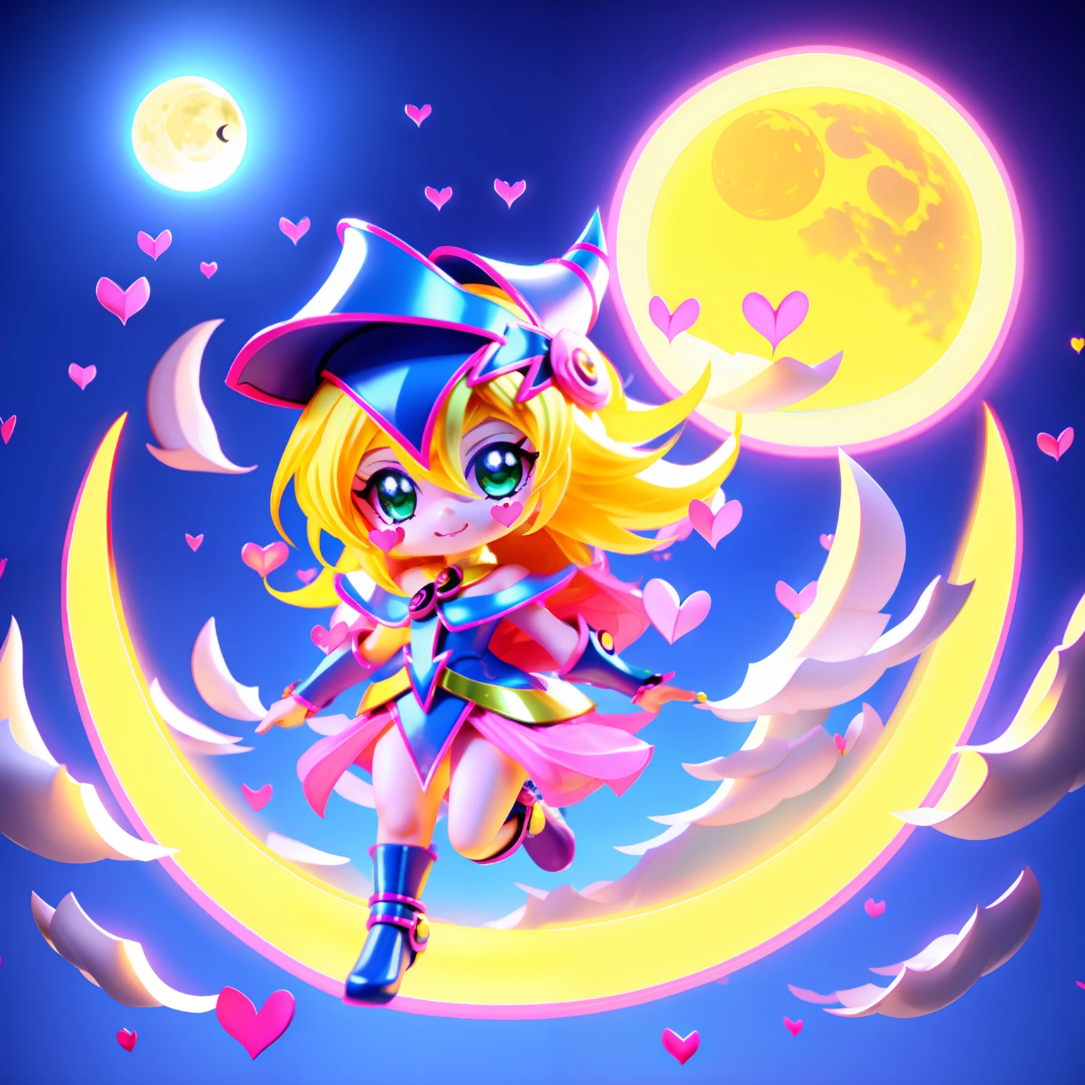Lindo chica maga oscura chibi:1 piel blanca. ojos verdes, labios rosados, cabello rubio y largo:2 hasta los pies, luna, 4k, volando, levitando:3 magic circle. Hearts around them magical colors:4