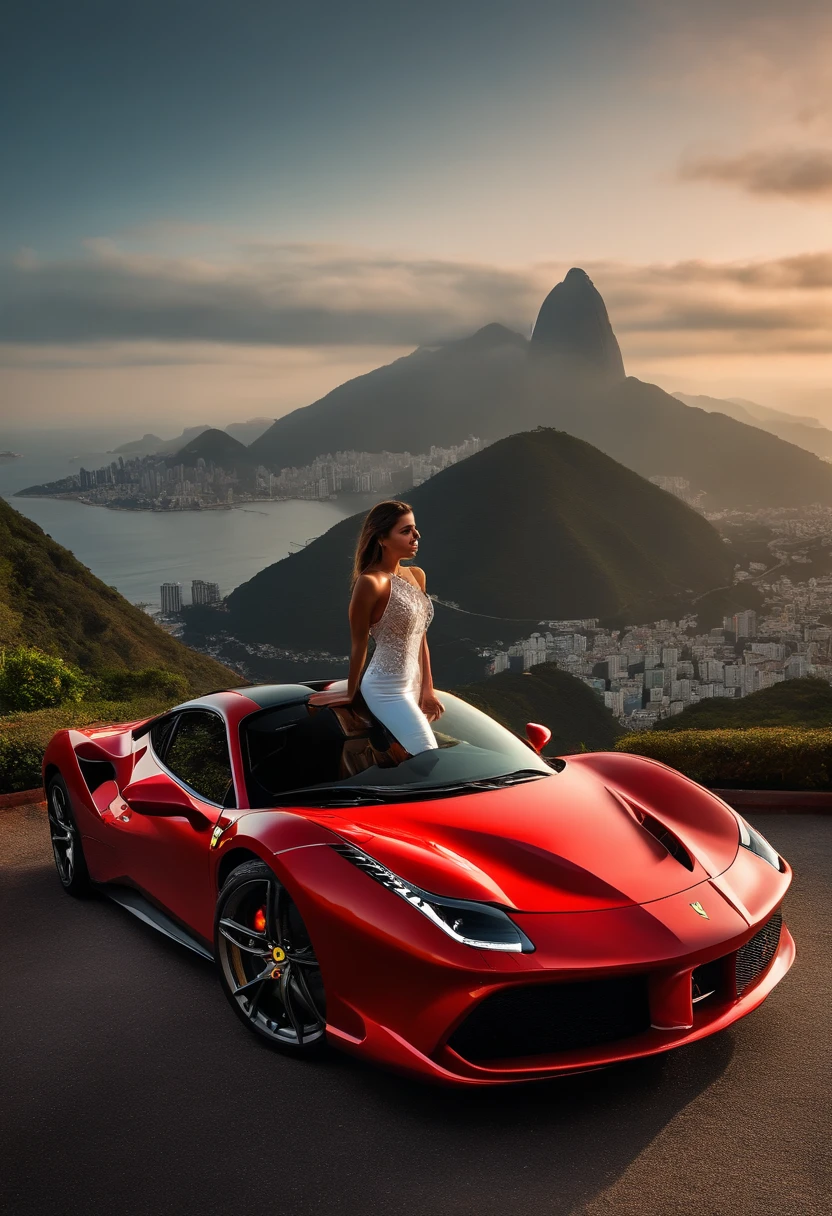 (La mejor calidad, 8k, Obra maestra :1.2), hiperrealista, a red Ferrari 488 on a mountain in the city of Rio de Janeiro Brazil, El Cristo Redentor en el fondo, A beautiful brown-haired girl looking at the scenery
