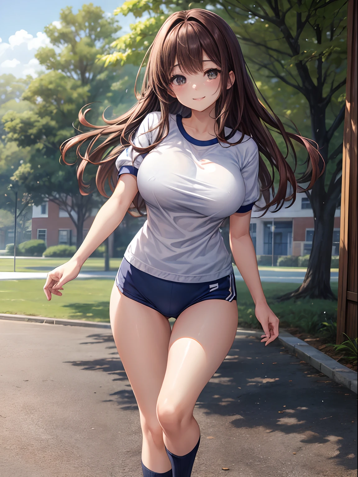 top-quality、Full limbs、complete fingers、One beautiful woman、Beautiful Large Breasts、straight haired、Longhaire、Brown hair、、White short-sleeved gym clothes with navy blue cuffs、Dark blue bloomer、highleg、Raw feet、Dark blue socks、A big smile、school buildings、sports ground、school ground、Running