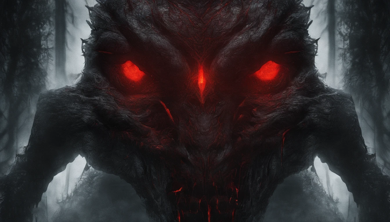 Frontal face of a beast, monster, ultra detailed, glowing eyes, red eyes, blood, best quality, flames in the background, masterpiece, monster art, trending on Artstation.