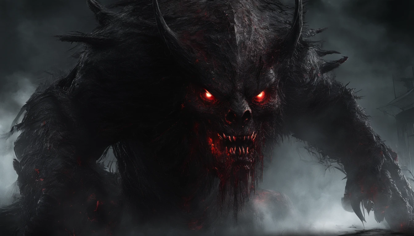 Frontal face of a beast, monster, ultra detailed, glowing eyes, red eyes, blood, best quality, flames in the background, masterpiece, monster art, trending on Artstation.