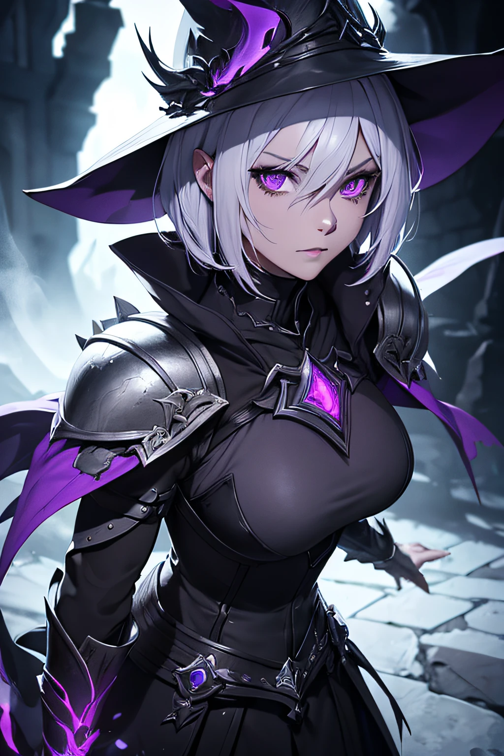 female drow,short white hair,purple eyes,light purple skin,black mage hat,wearing breastplate armor,black sword(physically-based rendering,ultra-fine painting),detailed face features,sharp focus,ultra-detailed,professional,vivid colors,dark atmosphere,bokeh,studio lighting,horror aesthetics,lit by moonlight,glowing magical symbols,ominous shadows,dark fantasy,portrait