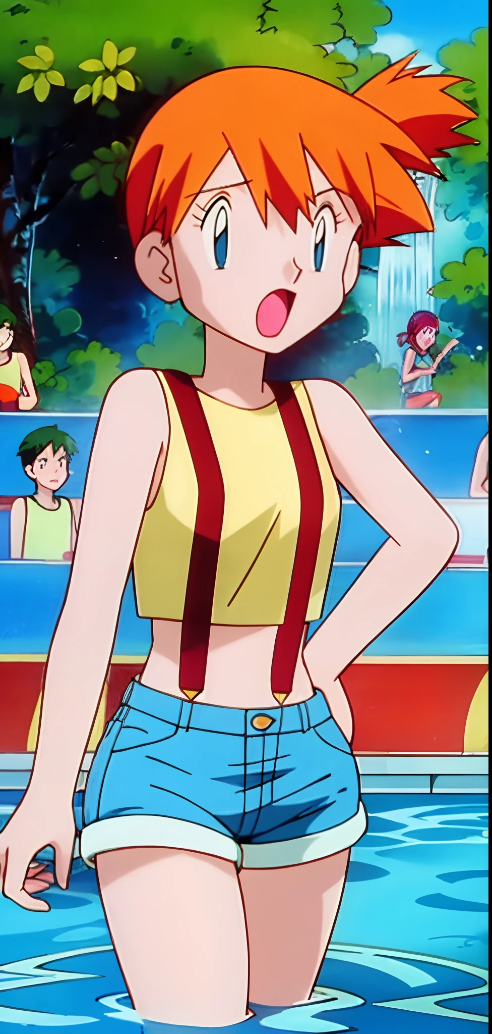 Misty from Pokemon, yellow shirt, sleeveless shirt, suspenders, denim shorts, sneakers, wading through a pool of water in a waterpark, crowds of people in the background,child proportions, portrait, old vhs screenshot