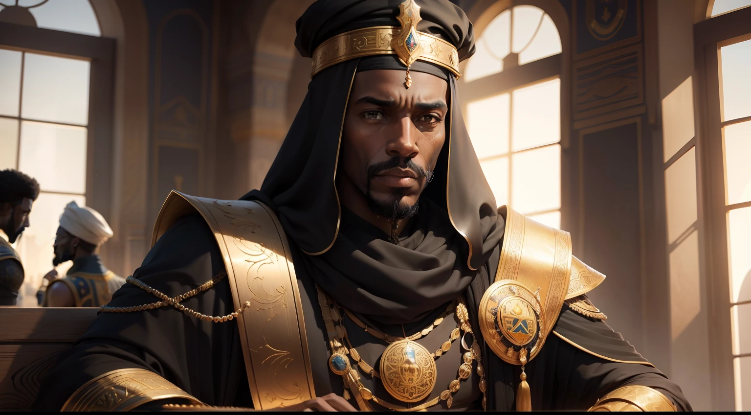 Black King Man devant son palais, Mansa Musa, Ultrarréaliste | |, highly detailed, hyper realistic, perfect artwork, Master part, beste-Qualit, Haut, layered lighting -- 4K