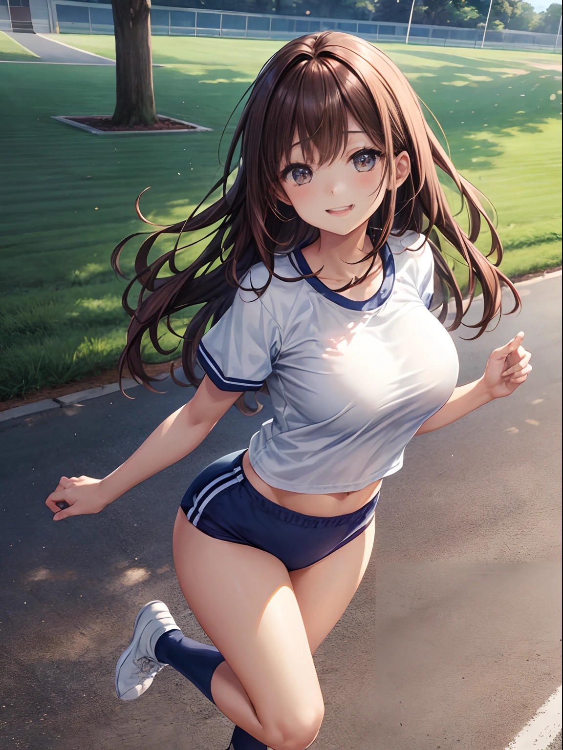 top-quality、Full limbs、complete fingers、One beautiful woman、Beautiful Large Breasts、straight haired、Longhaire、Brown hair、、White short-sleeved gym clothes with navy blue cuffs、Dark blue bloomer、highleg、Raw feet、Dark blue socks、A big smile、school buildings、sports ground、school ground、Running