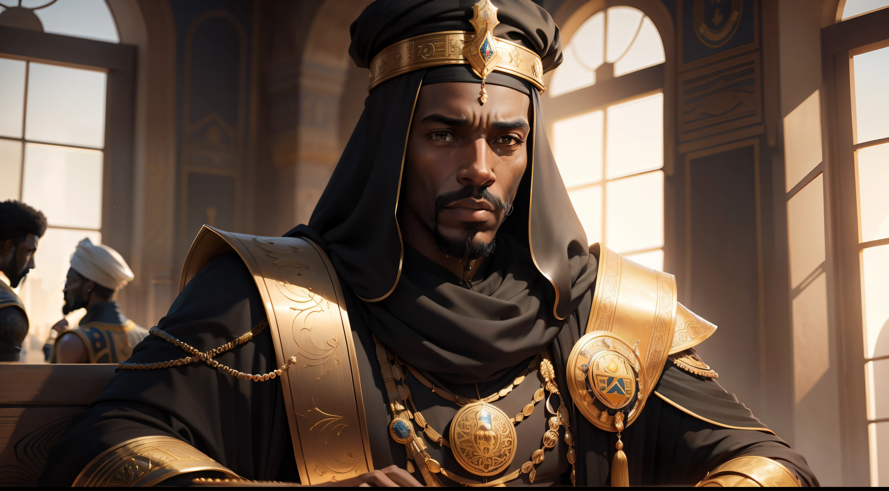 Black King Man devant son palais, Mansa Musa, Ultrarréaliste | |, highly detailed, hyper realistic, perfect artwork, Master part, beste-Qualit, Haut, layered lighting -- 4K