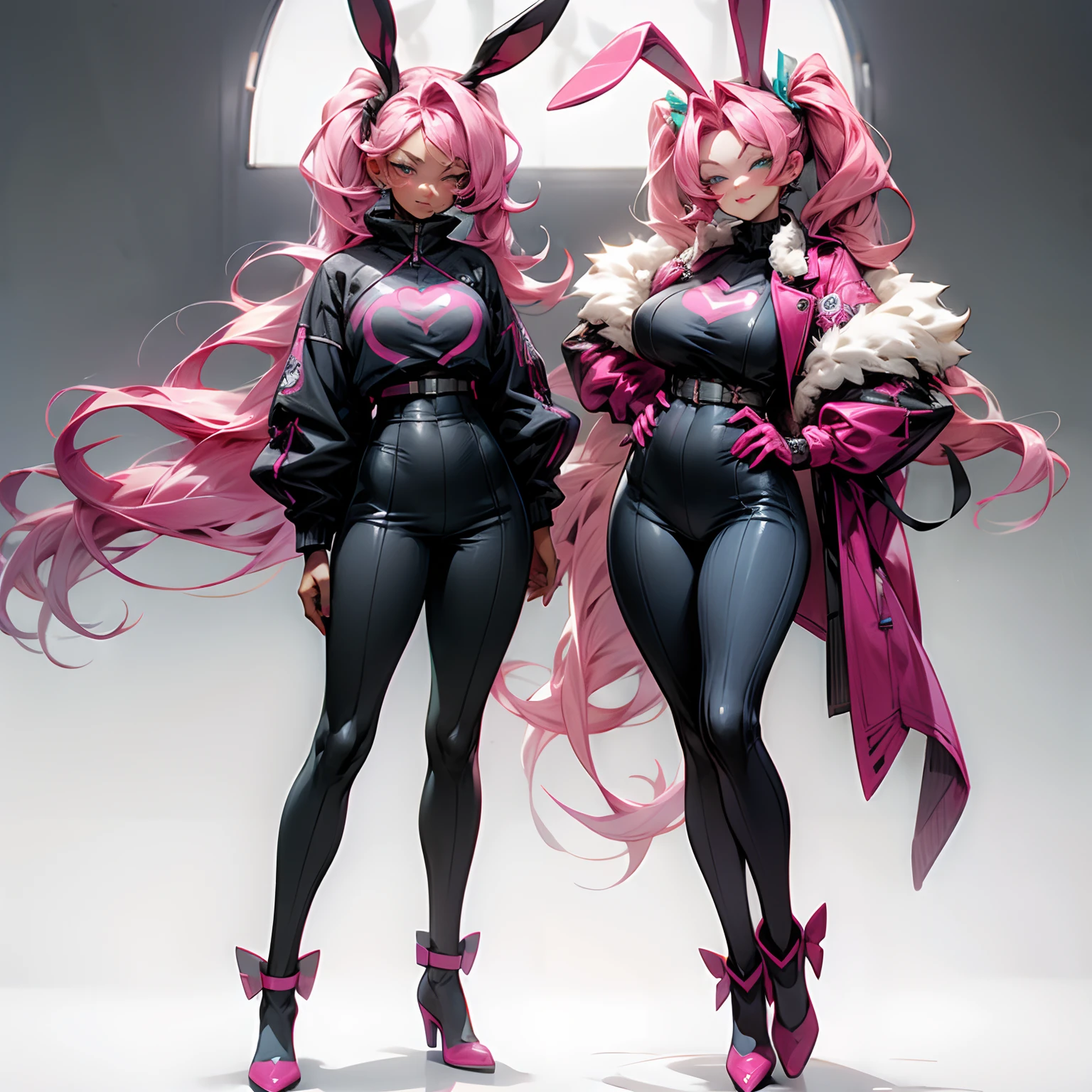Anime milf with pink hair and rabbit ears posing in black and blue clothes, full body pose, tan skin, dark skin, seductive anime milf, Highest rated on Pisif, Anime milf, (Anime milf), pink twintail hair and cyan eyes, Pisif, at pixiv, Anime milf, hot anime milf pretty anime milf, Popular on Pixiv, Digital art on Pisif , attractive anime milfs
