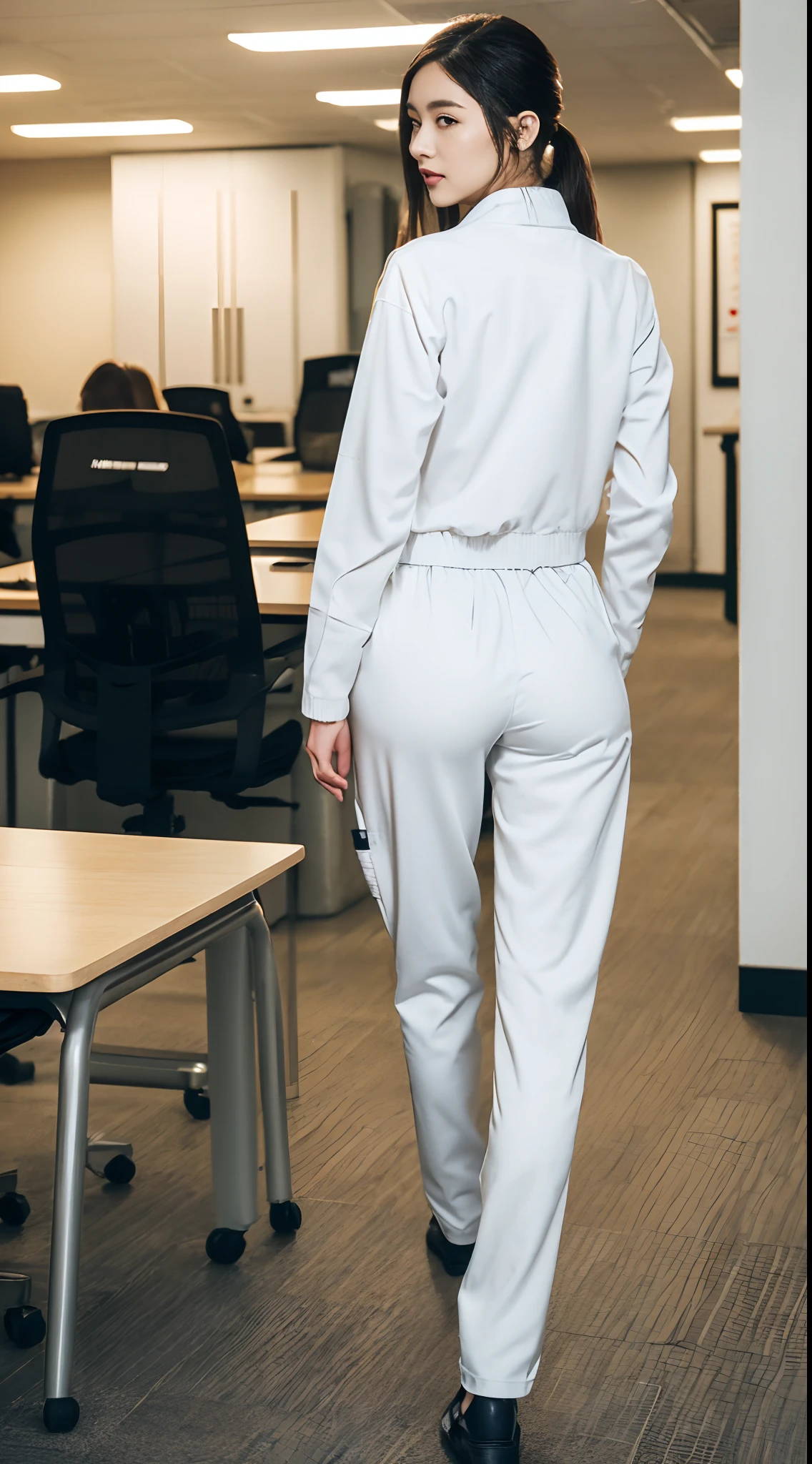 masutepiece, Best Quality, 超A high resolution,(photographrealistic:1.4) (depth of fields),(Lens Glow) , jaket:1.5、Inside the office:1.5、a Pretty Japanese woman１a person:1.5、(Workwear Pants:1.5)、Facing backwards、(White workwear:1.5)、posterior view、Trousers that bite into