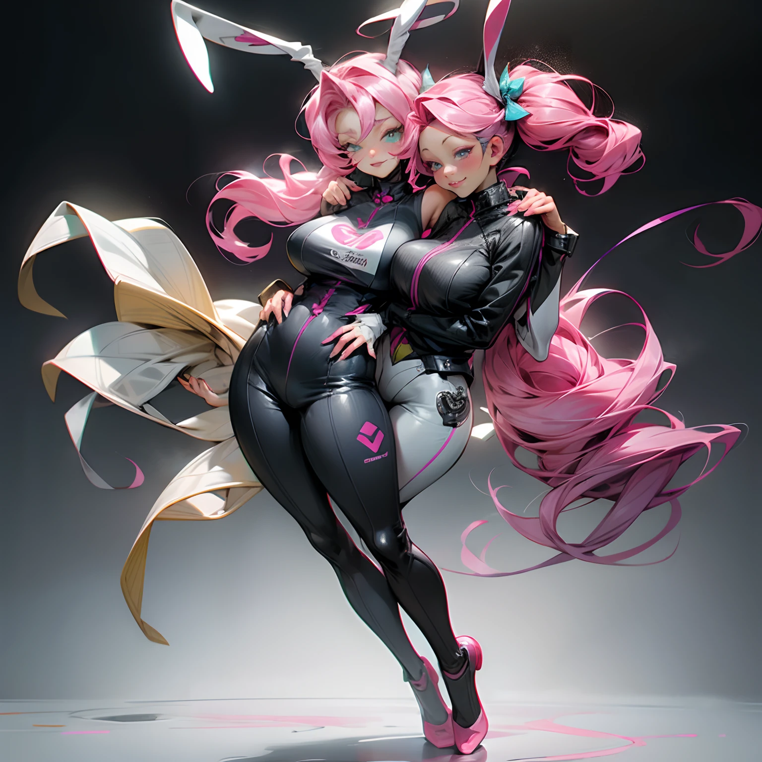 Anime milf with pink hair and rabbit ears posing in black and blue clothes, full body pose, tan skin, dark skin, seductive anime milf, Highest rated on Pisif, Anime milf, (Anime milf), pink twintail hair and cyan eyes, Pisif, at pixiv, Anime milf, hot anime milf pretty anime milf, Popular on Pixiv, Digital art on Pisif , attractive anime milfs