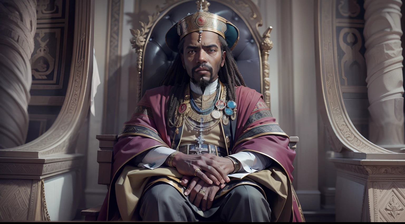 beste-Qualit, 500px, cg society, 8k, Raw photo King of the tenth century A.c. Menelik I of Ethiopia seated on his throne