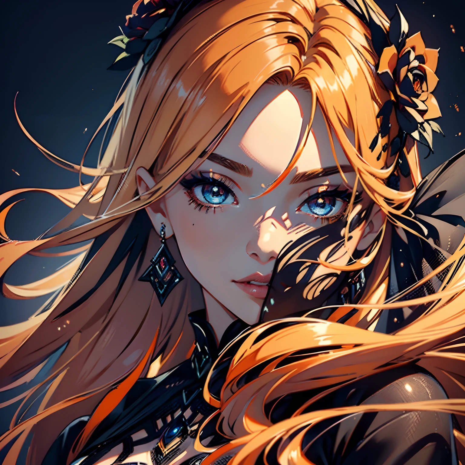 detailed eyes,beautiful detailed lips,extremely detailed face,longeyelashes,black dress,masterpiece:1.2,ultra-detailed,realistic:1.37,soft lighting,vibrant colors,medium length light orange hair.