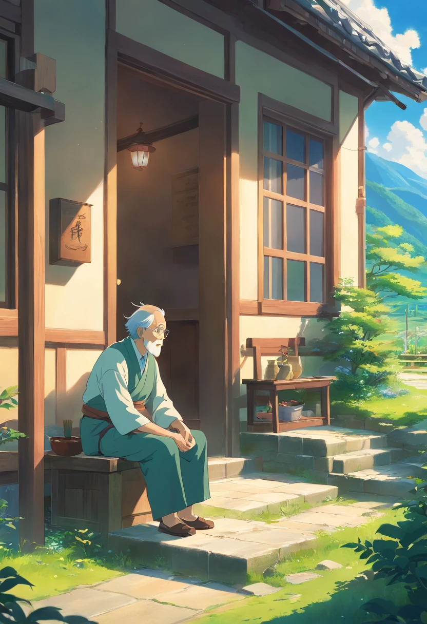a wise old man near a house, in a valley, closeup