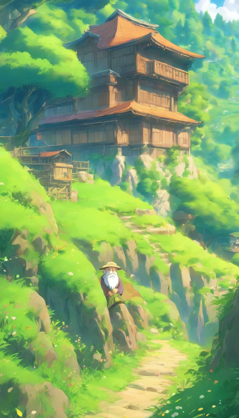 a wise old man near a house, in a valley, closeup