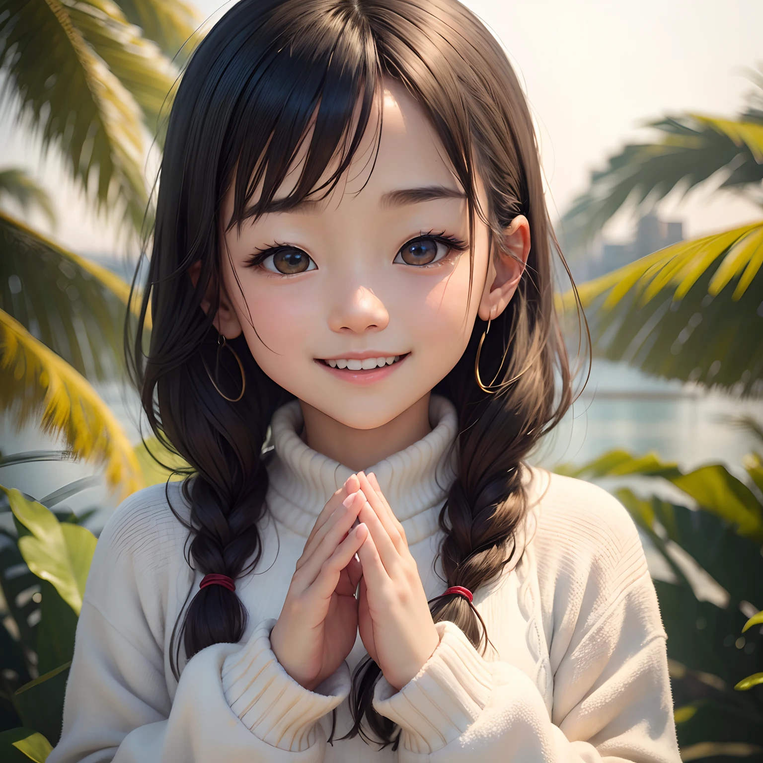 (masterpiece:1.3)、(top-quality:1.2)、8K、(ighly detailed:1.3)、supreme、Raw photo、portraitures、Product Photos、girl with、japanes、wearing a white sweater、big eye、SLR、realisitic、a smile、tiny girl、Surprised、I'm smiling with my mouth open、Spread your hands next to your face and be overjoyed、Palms spread next to face、joy、wonderment、pleasing face、When you receive a gift、glad