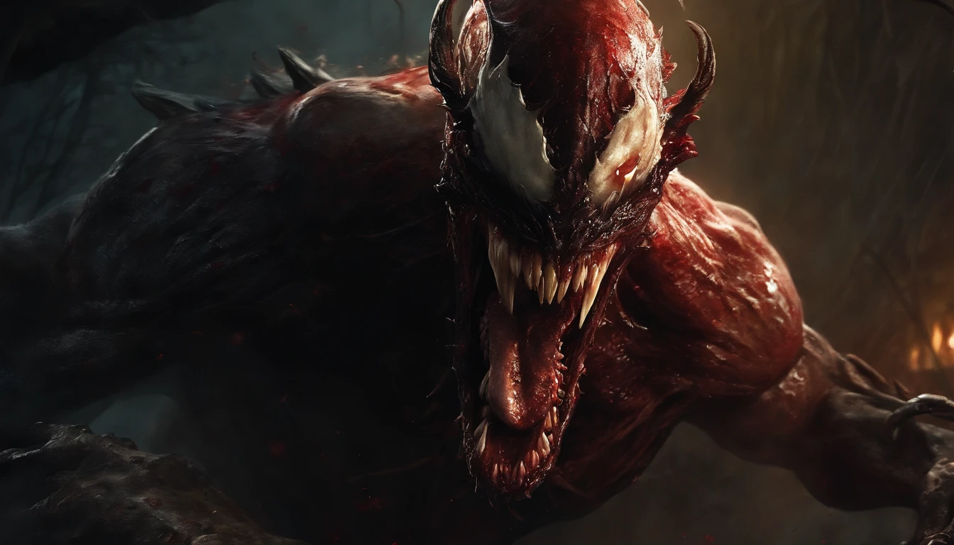 Painting of a demonic creature with a bloodied face and a bloodied head, close up, portrait, Carnage, Sci - The Art of Horror Fiction, sci-fi horror artwork, inspired by Aleksi Briclot, The fangs of the carnage, Horror art in the fantasy genre, by Aleksi Briclot, horror concept art, venom, Fantasy and horror art, Detailed illustration of 4K horror, Demonic creature, dark fantasy horror art