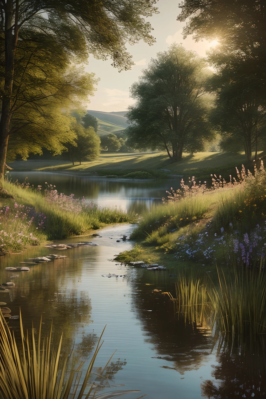 Rural landscape with lake, highly detailed, clear photography, photorealistic, soft pastel colours, highly detailed, intricate, path tracing, illustration, insanely detailed, shadow mapping volumetric light, specular lighting