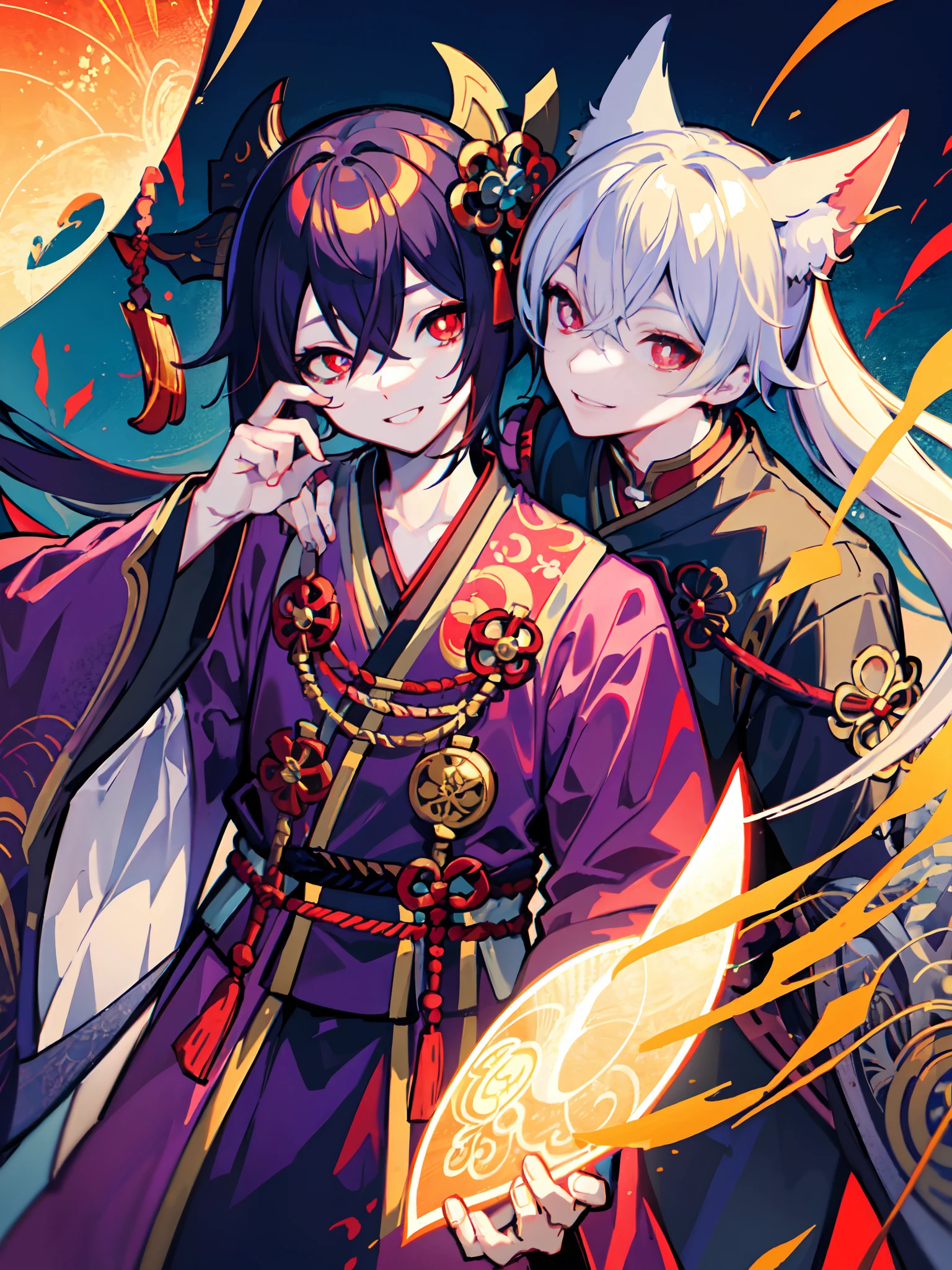 colorful, masterpiece, high quality, sharped, auto focus, looking at another, ((2male)),( gay male,yaoi male), handsome brothers,( hollow eyes), ruby shaped pupils, glowing eyes, evil smile, male face,male hair, hair over eyes,(Onmyoji's Clothing), cinematic,dynamic pose