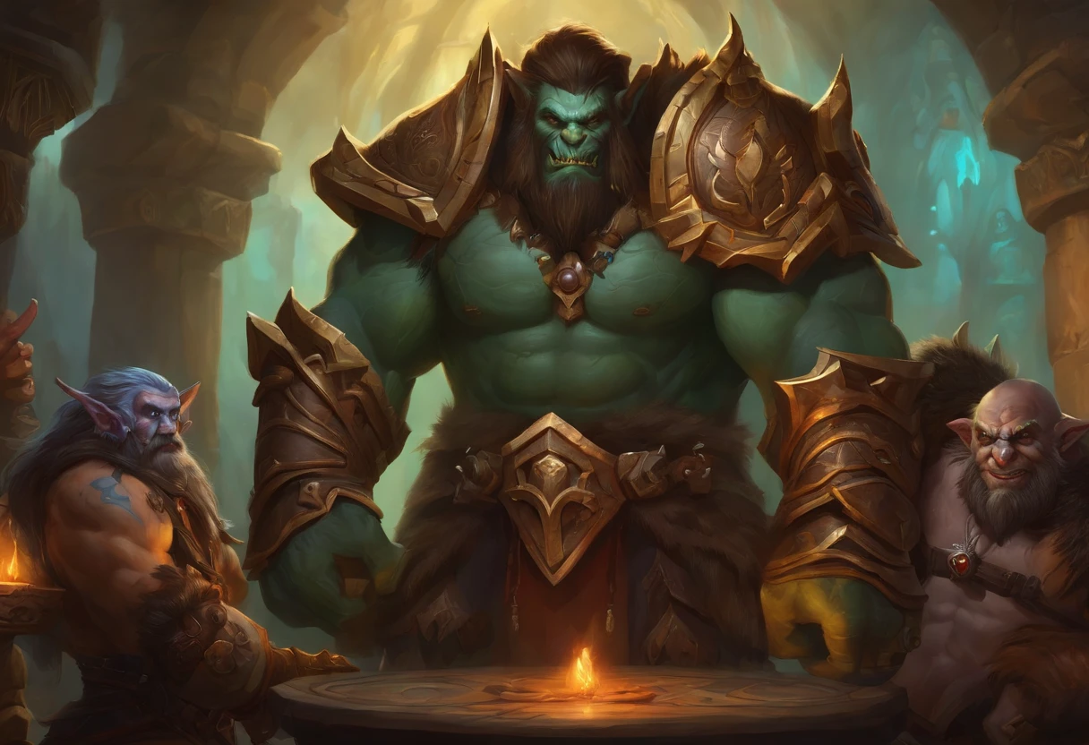taberna de world of warcraft con varios personajes (orcos, eneanos, elfos)