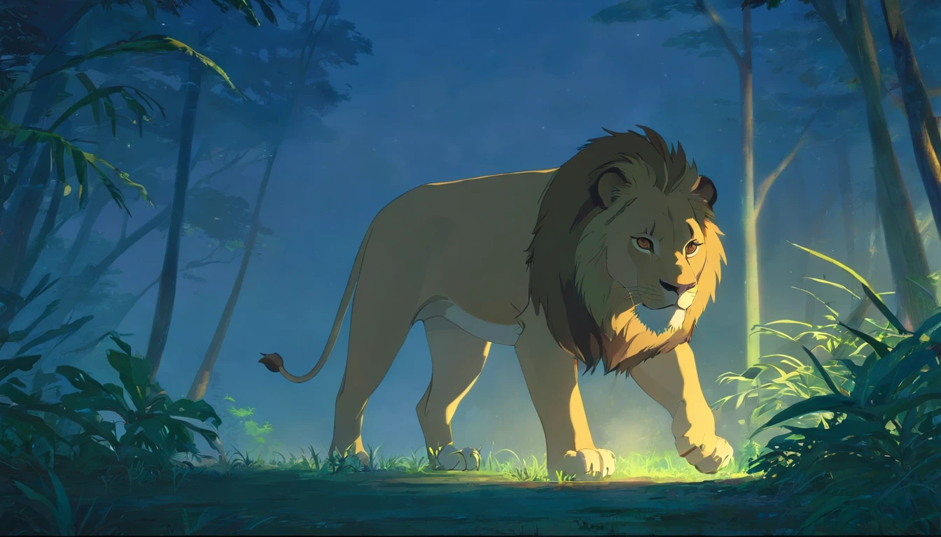 "Lion wandering through the mystical foggy jungle at dusk, with dramatic dark shadows, em uma pintura digital altamente detalhada e hipnotizante, showing the essence of conceptual art."