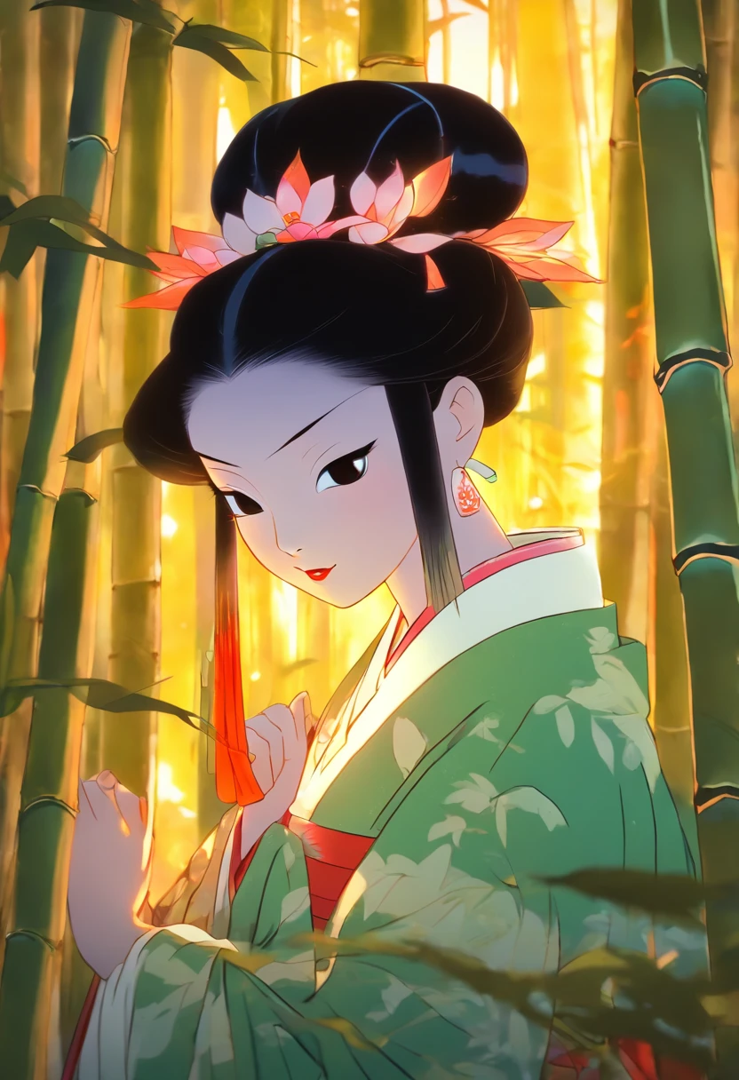 Kaguyahime, Enlightened Princess, Black hair, Japanese clothing, Bamboo Forest, expression of tenderness, Shui Mo Hua, lotus, Chinese painting style, Thangka style, masterpiece, weak sunlight, depth of field, best quality