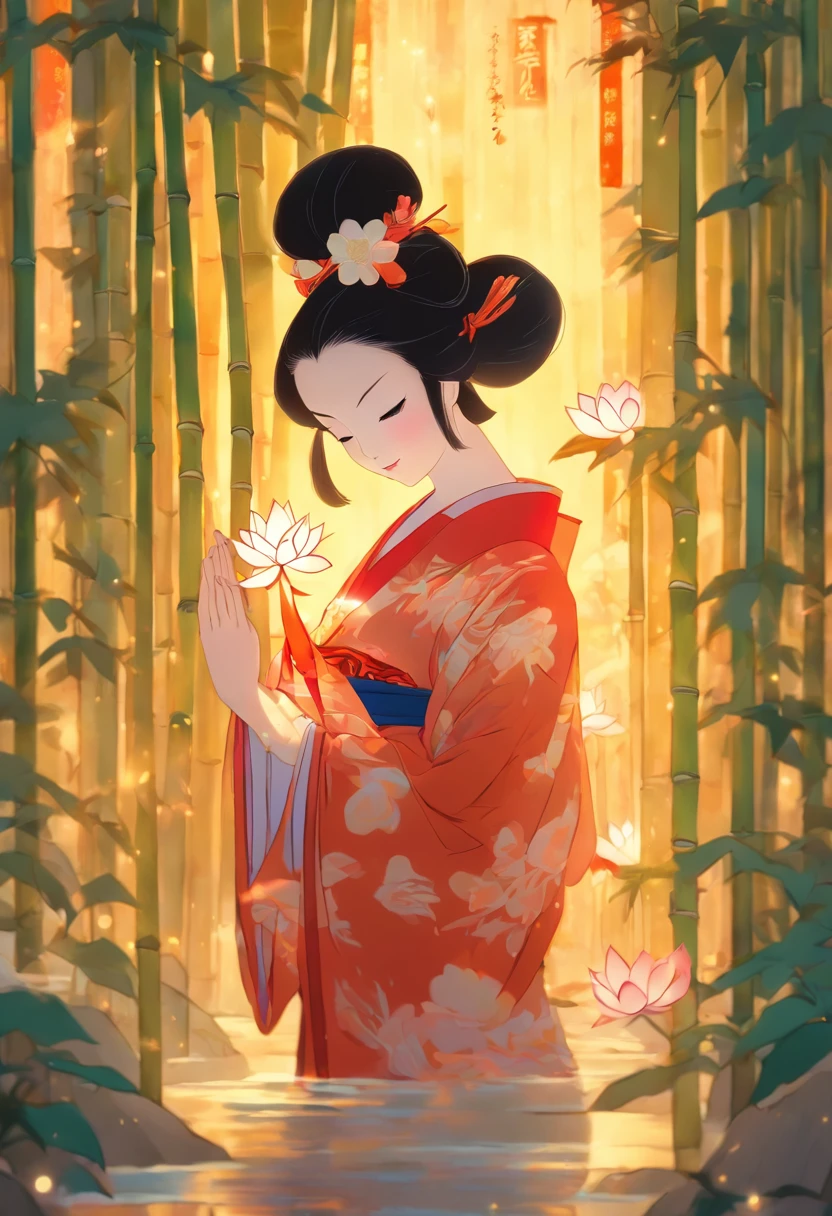 Kaguyahime, Enlightened Princess, Black hair, Japanese clothing, Bamboo Forest, expression of tenderness, Shui Mo Hua, lotus, Chinese painting style, Thangka style, masterpiece, weak sunlight, depth of field, best quality