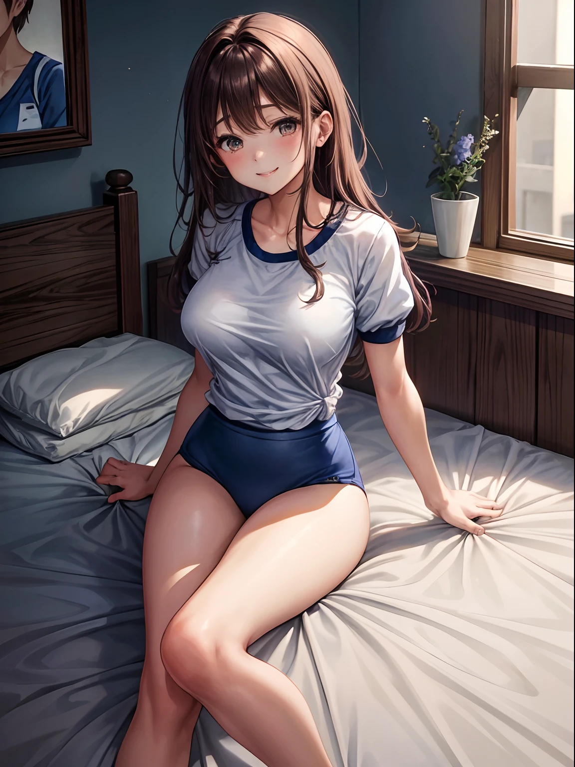 top-quality、Full limbs、complete fingers、One beautiful woman、Beautiful Large Breasts、straight haired、Longhaire、Brown hair、、White short-sleeved gym clothes with navy blue cuffs、Dark blue bloomers、highleg、Raw feet、Dark blue socks、A big smile、School Infirmary、Lying on the bed in the infirmary