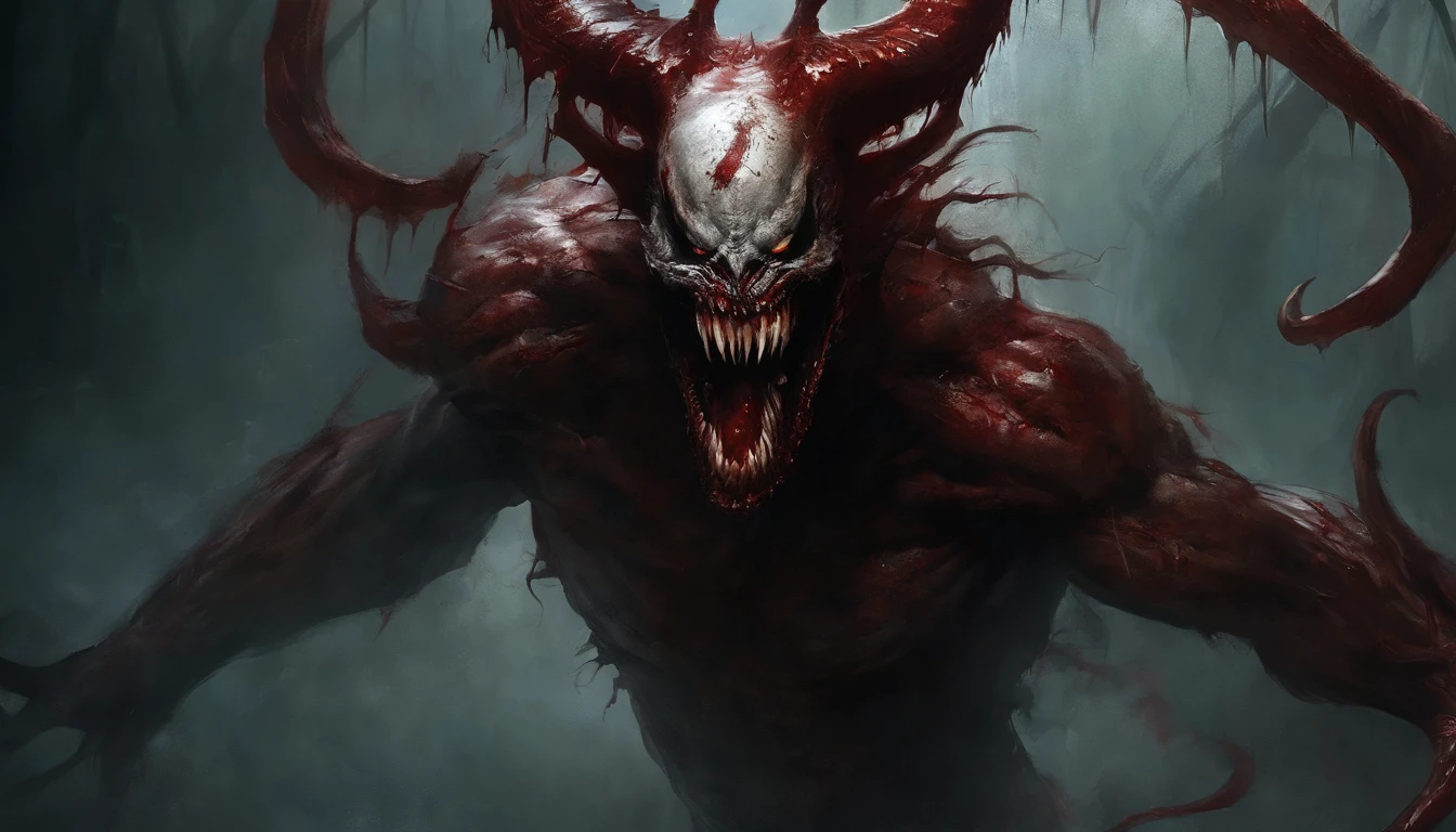 Painting of a demonic creature with a bloodied face and a bloodied head, close up, portrait, Carnage, Sci - The Art of Horror Fiction, sci-fi horror artwork, inspired by Aleksi Briclot, The fangs of the carnage, Horror art in the fantasy genre, by Aleksi Briclot, horror concept art, venom, Fantasy and horror art, Detailed illustration of 4K horror, Demonic creature, dark fantasy horror art